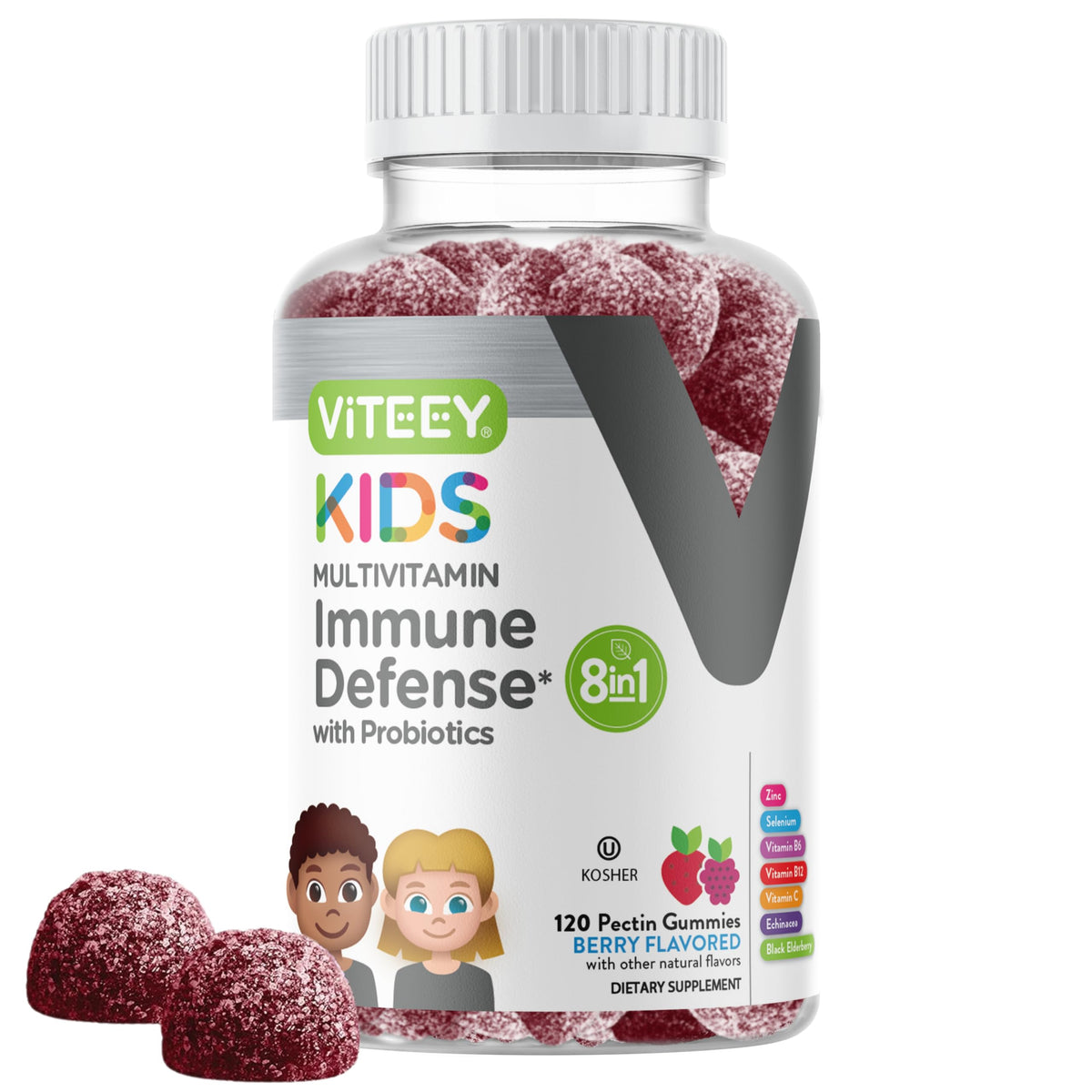 Viteey envase frontal mostrando 120 gomitas y beneficio conveniencia