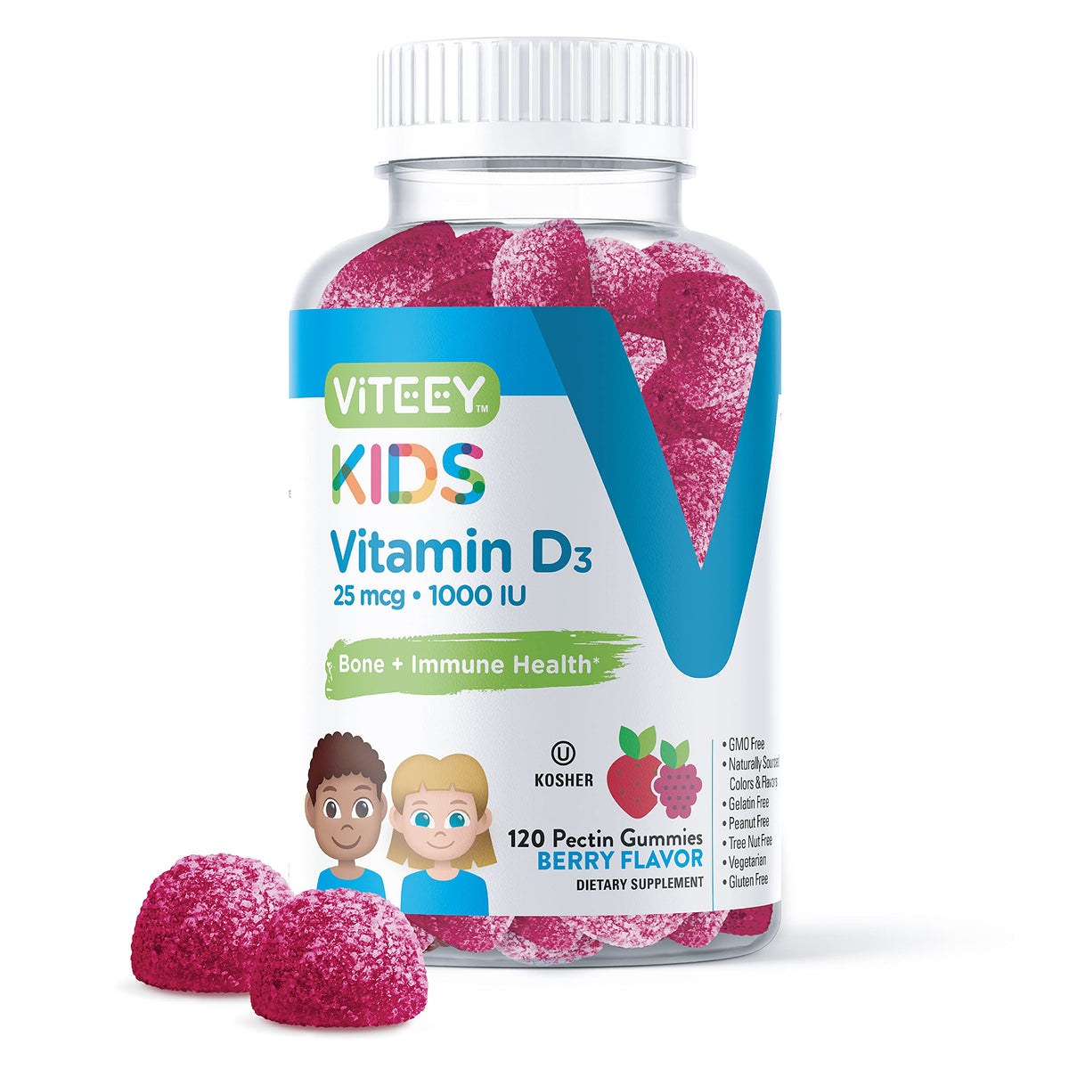 Viteey frasco frontal mostrando 120 gominolas y sabor berry, fácil identificación