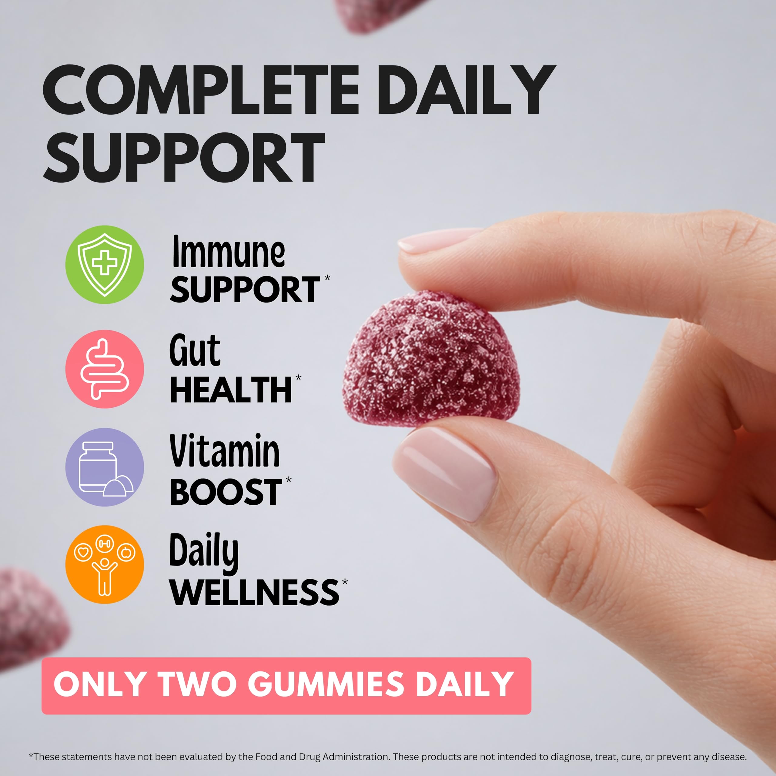 Viteey gomitas en mesa de desayuno con frutas, sugiere integración diaria