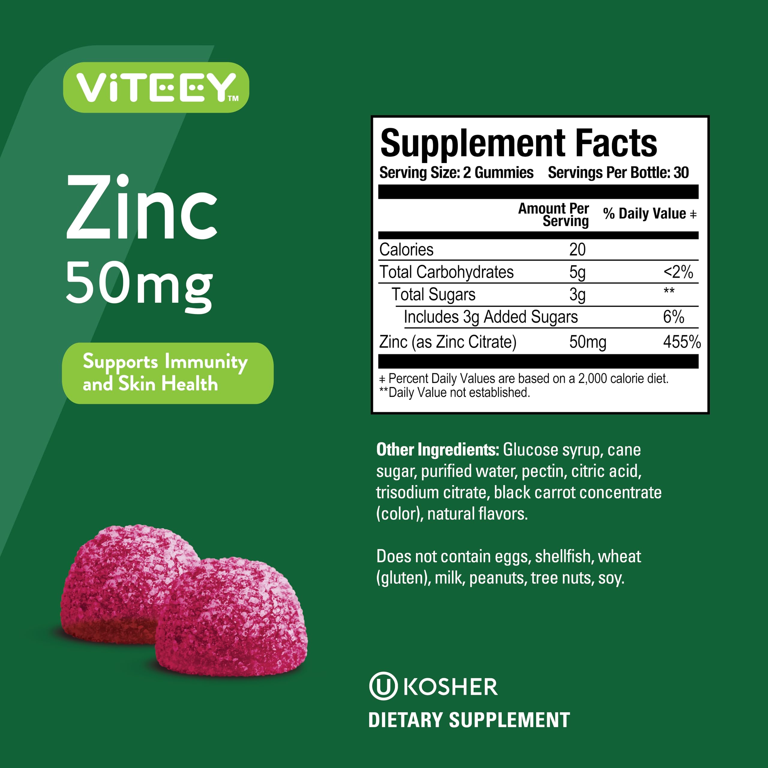 Viteey etiqueta nutricional legible con información de zinc y dosis