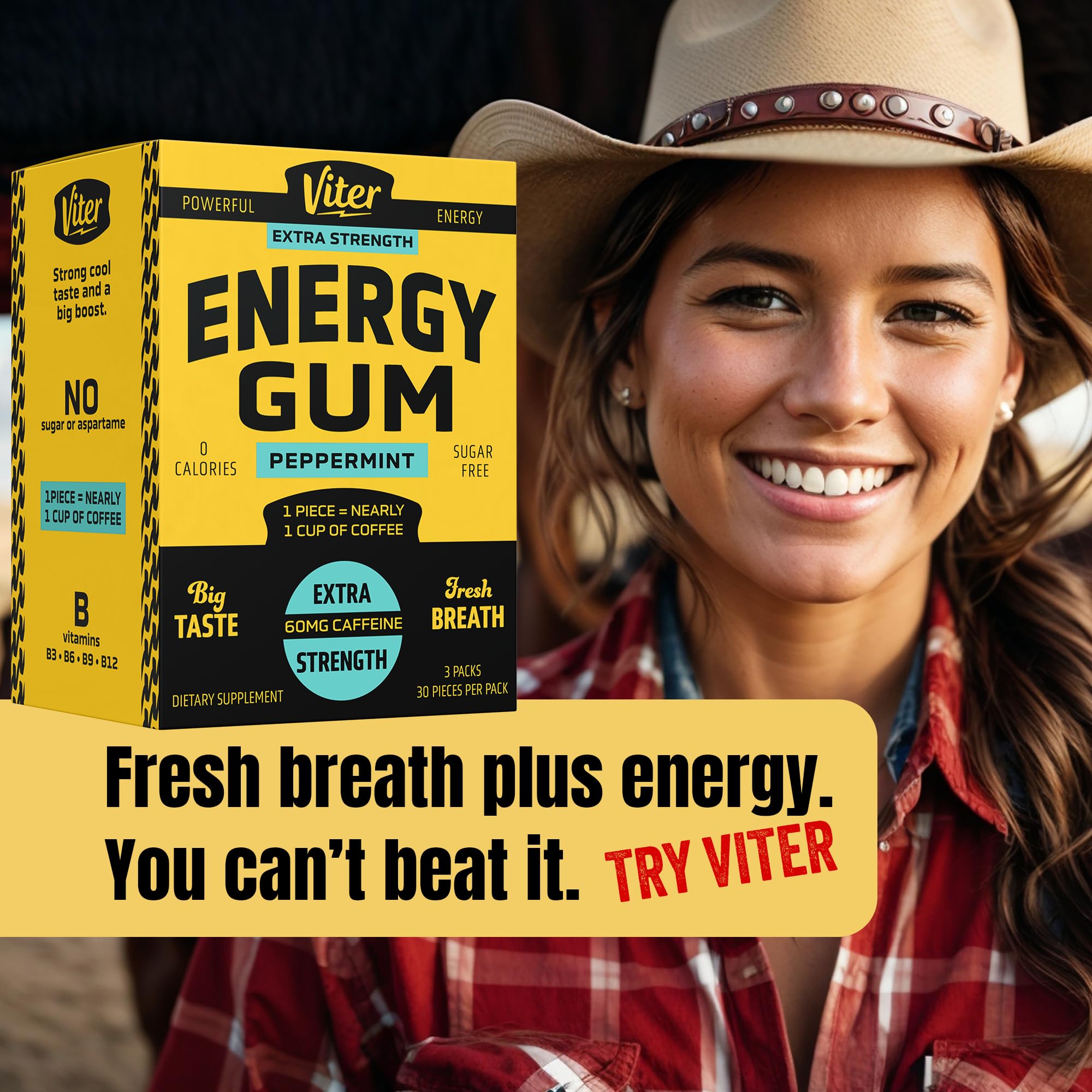 Viter Energy detalle de hojas de menta junto al chicle para sabor fresco