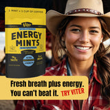 Viter Energy menta cerca del labio en uso, energía rápida y aliento fresco