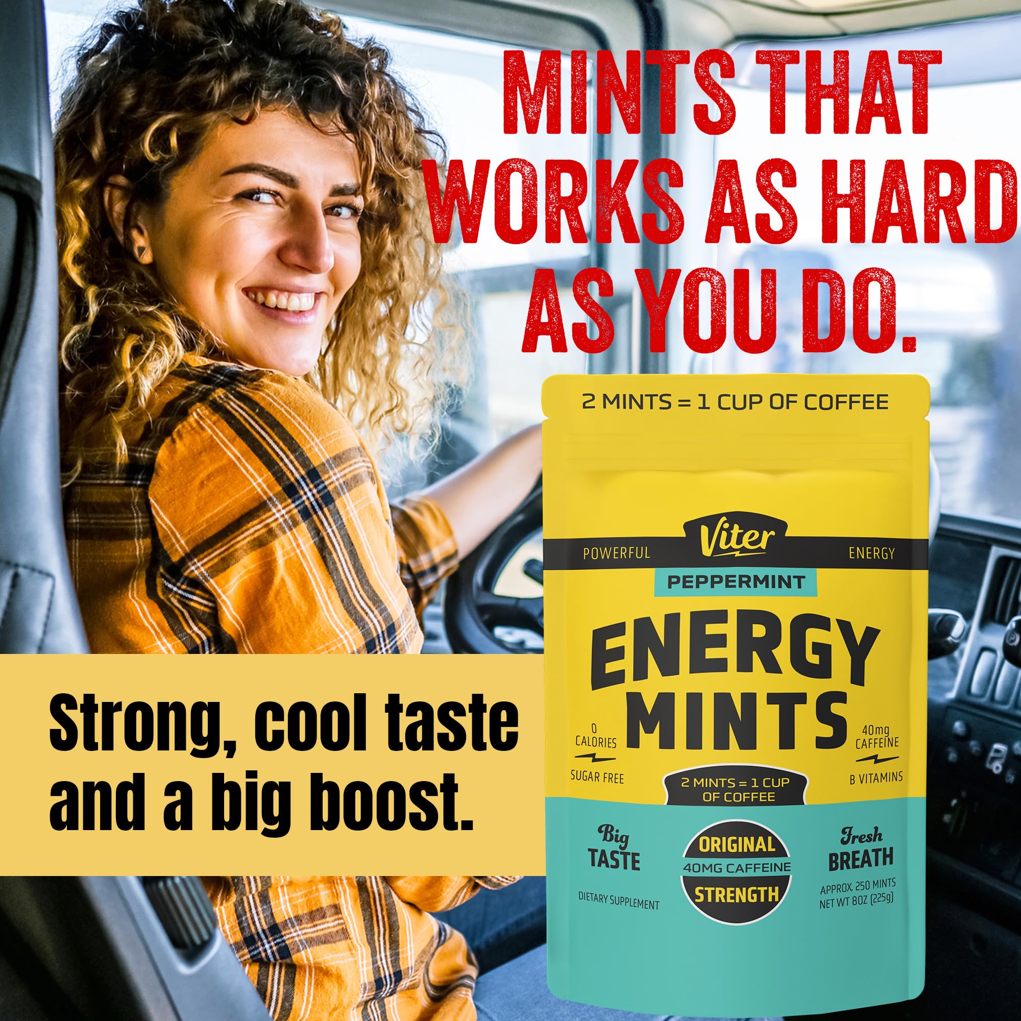 Viter Energy mints en coche cerca del volante, beneficio alerta al conducir