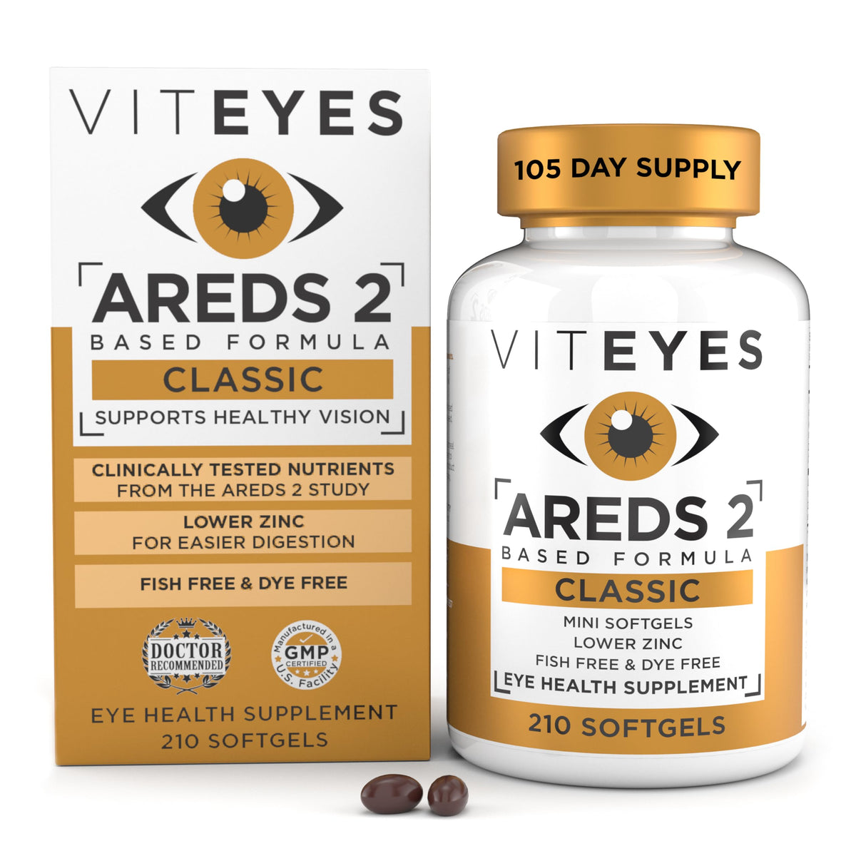 Viteyes frasco frontal AREDS 2 mostrando etiqueta clara y beneficio ocular