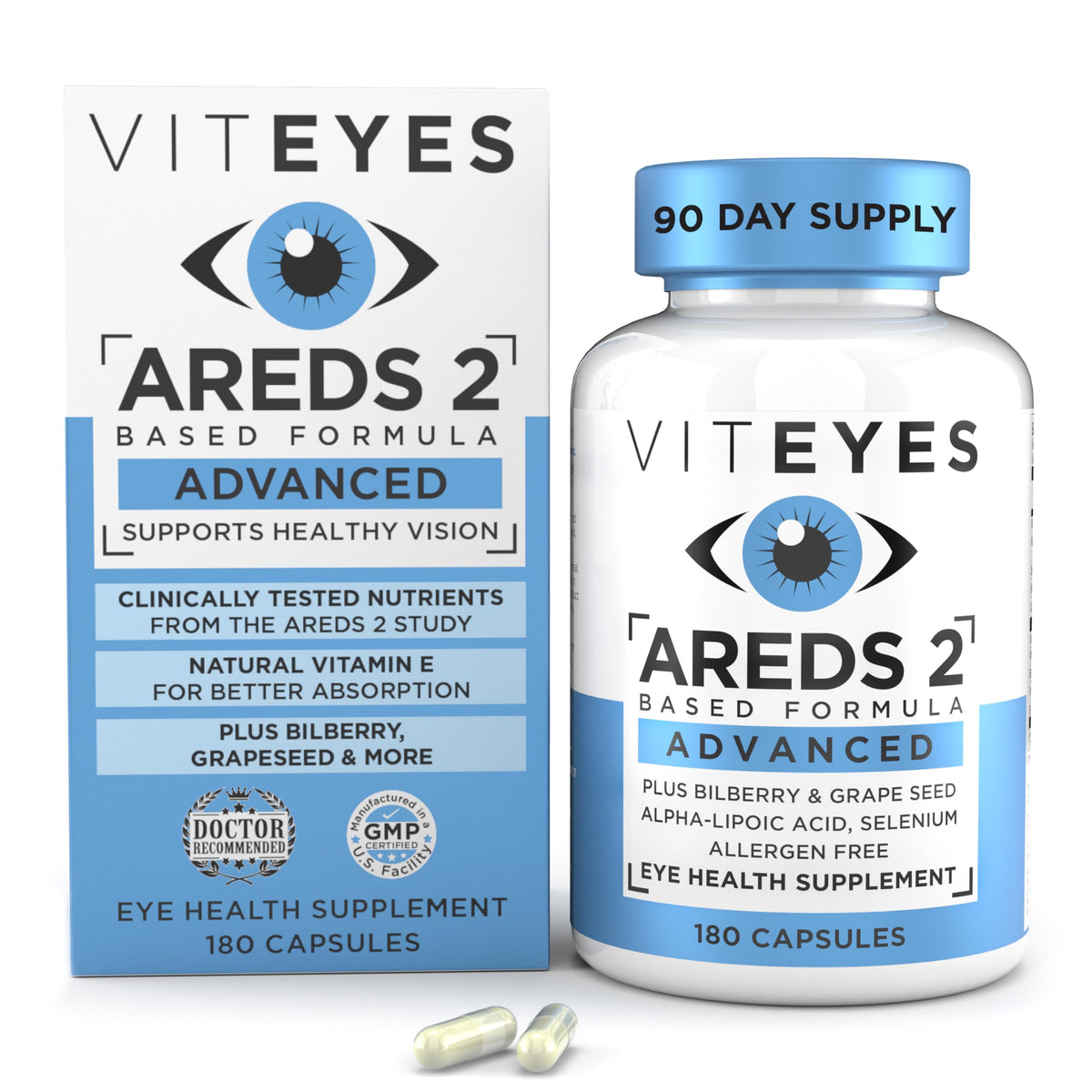 Viteyes frasco frontal mostrando el envase y el conteo de 180 cápsulas para soporte macular