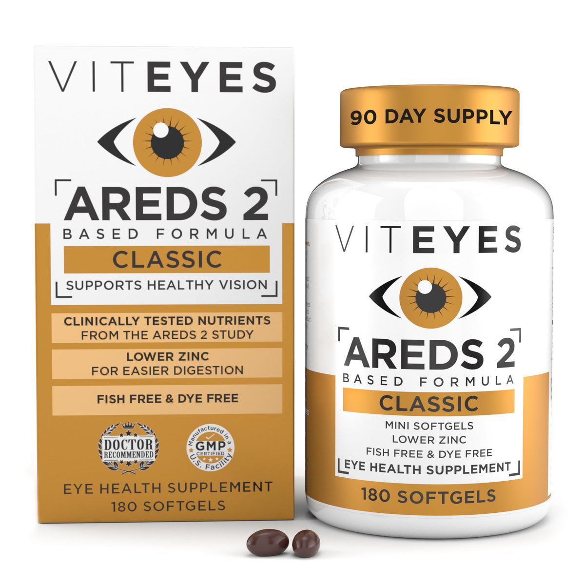 Viteyes frontal del empaque mostrando fórmula AREDS2 y duración de tres meses