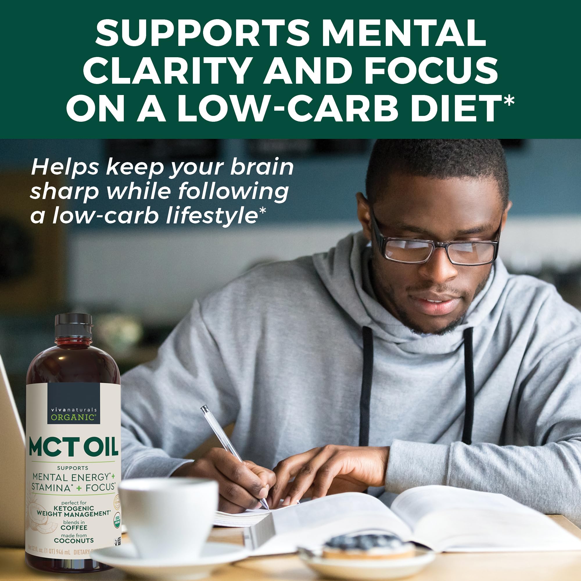 Viva Naturals MCT Oil vertiéndose en café para energía rápida
