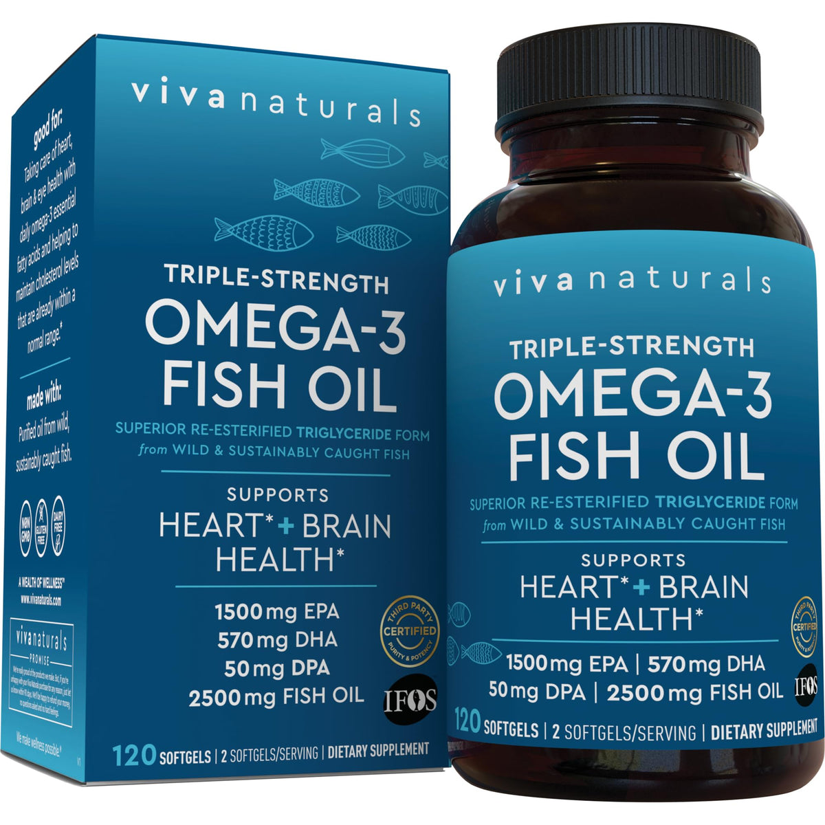 Viva Naturals frente del envase mostrando 120 cápsulas y concentración alta