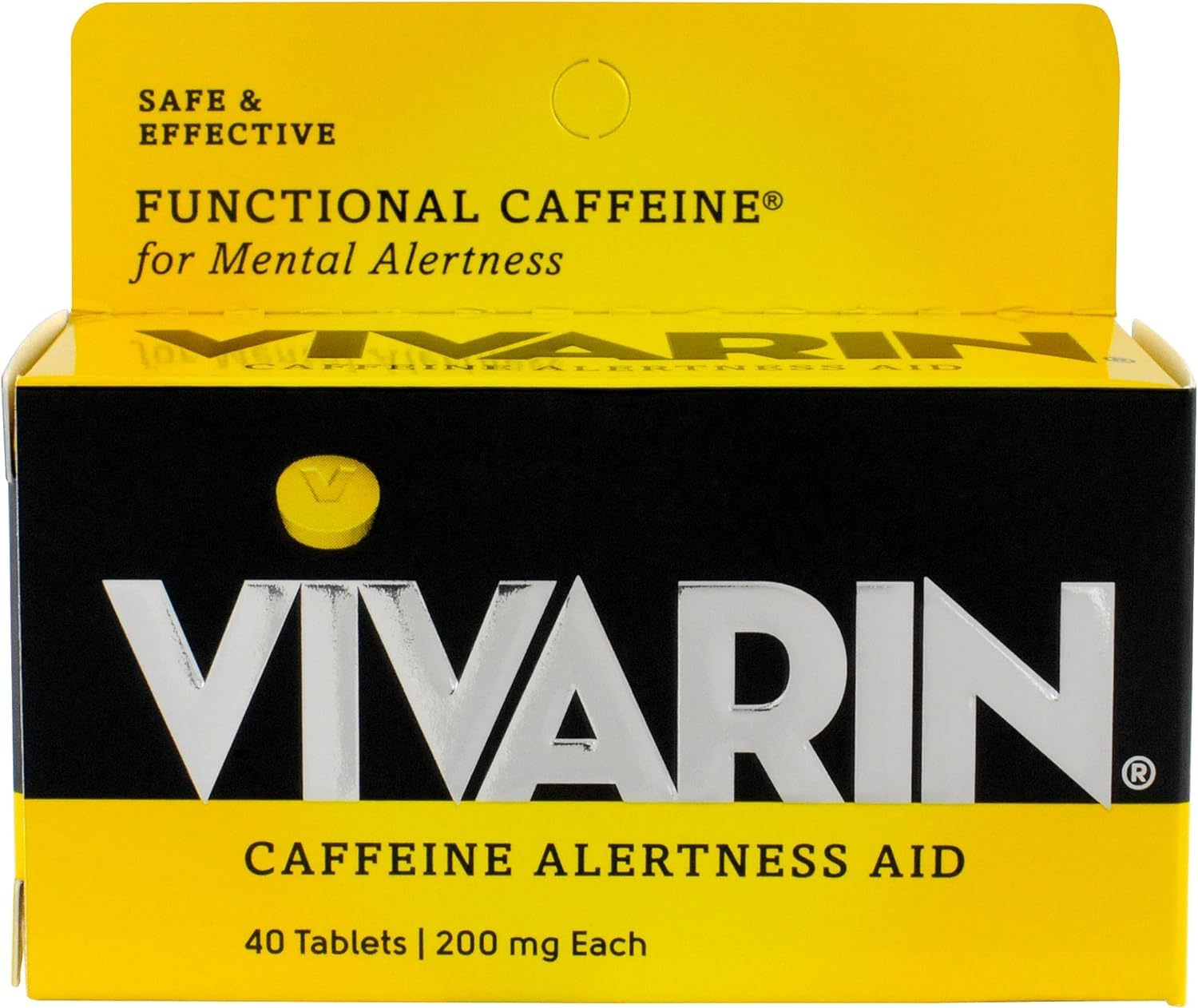 Vivarin empaque frontal mostrando 40 tabletas, beneficio: comodidad portátil