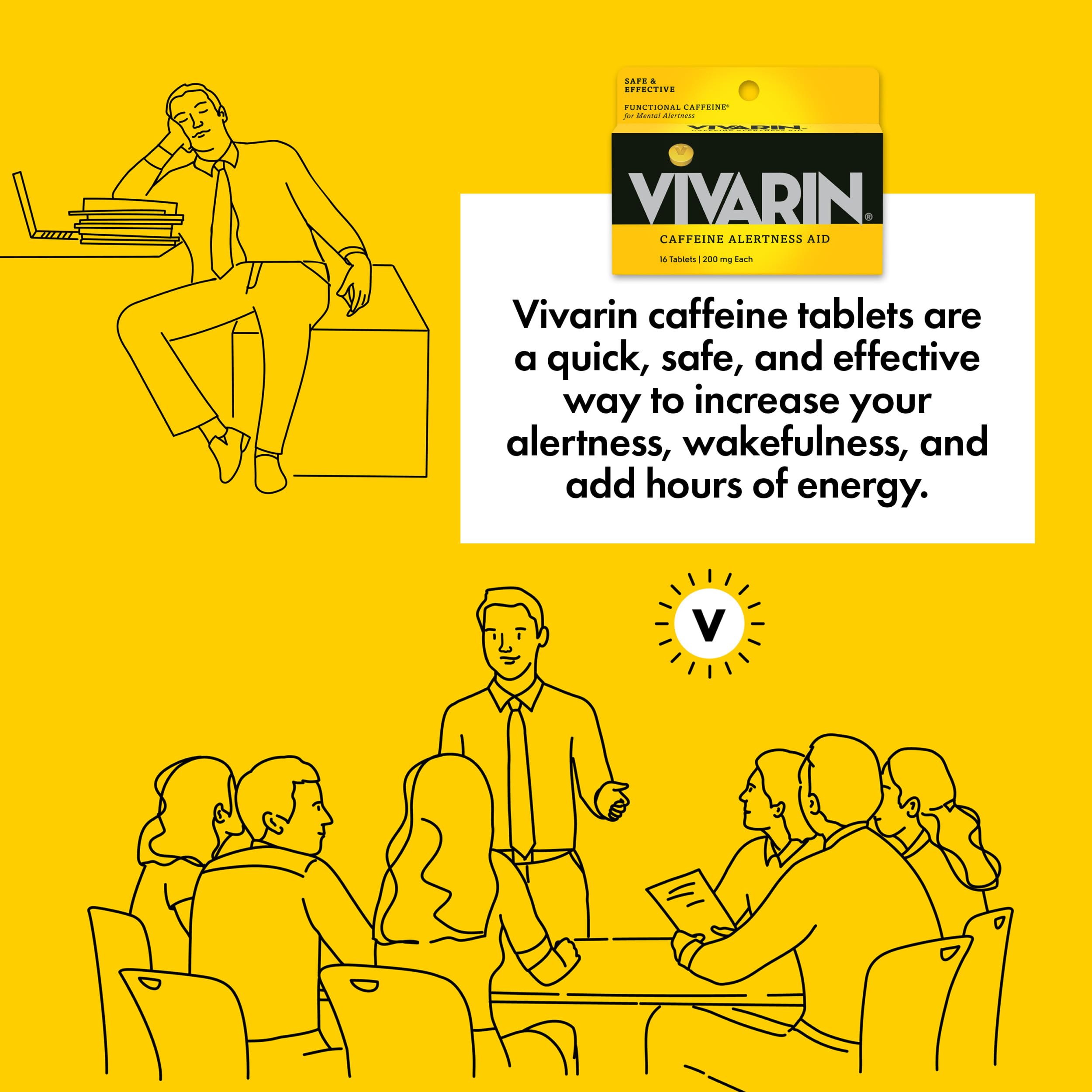Persona estudiando con Vivarin cerca para énfasis en concentración y productividad