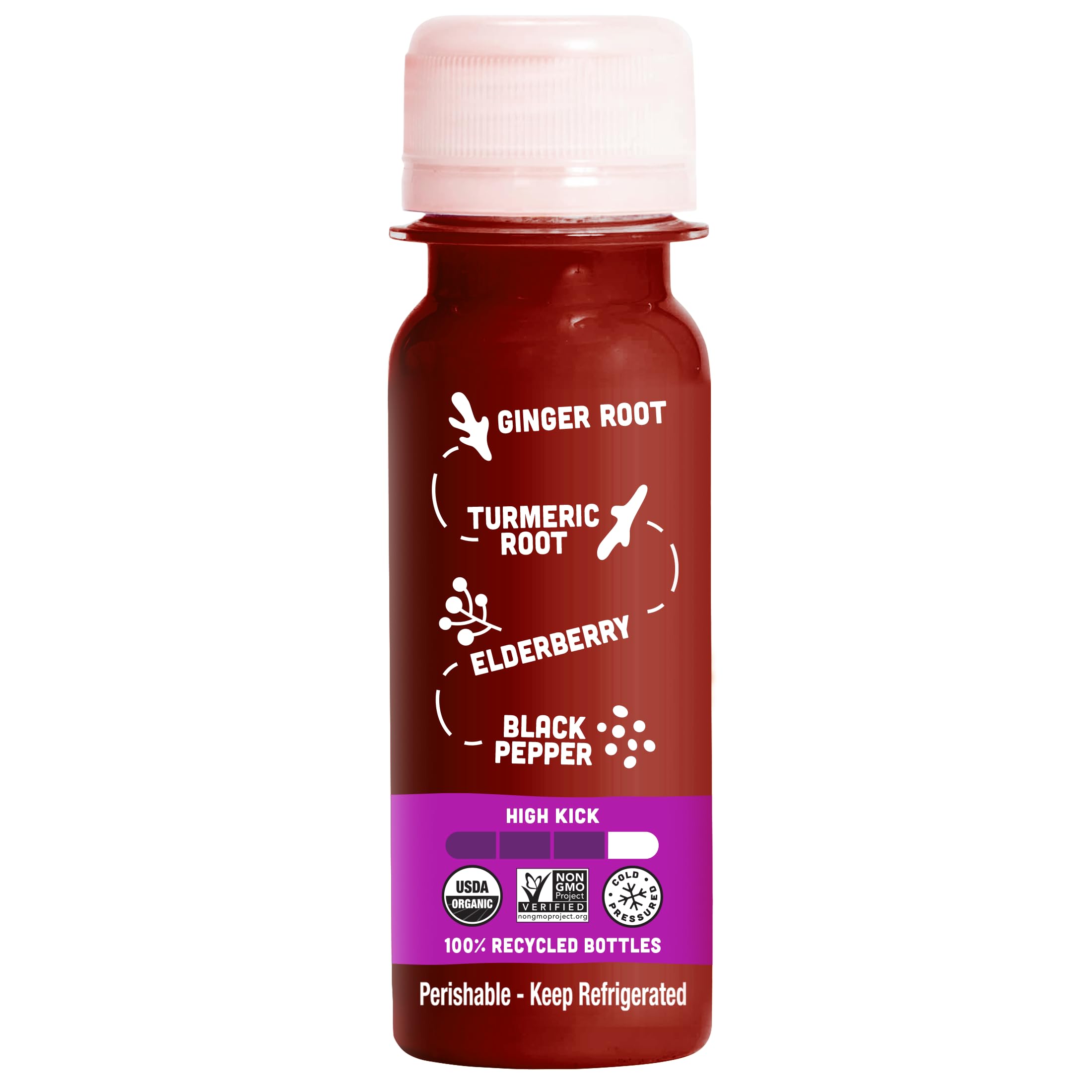 Vive Organic shot en mesa de desayuno junto a frutas, integración diaria fácil
