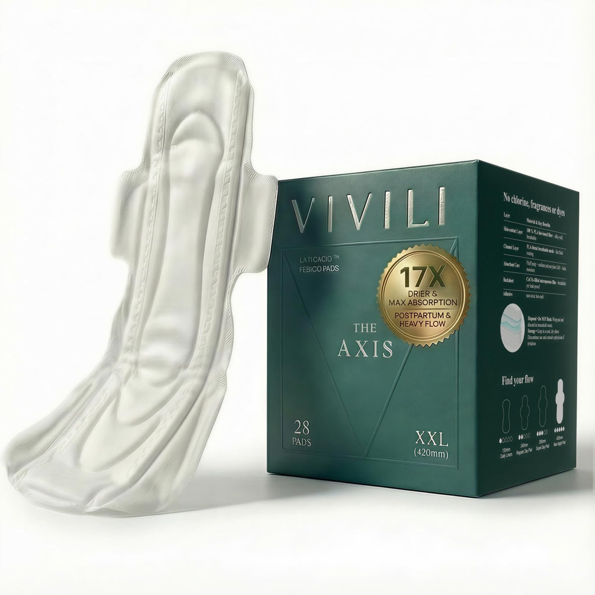VIVILI empaque frontal mostrando compresa XXL y ventaja nocturna