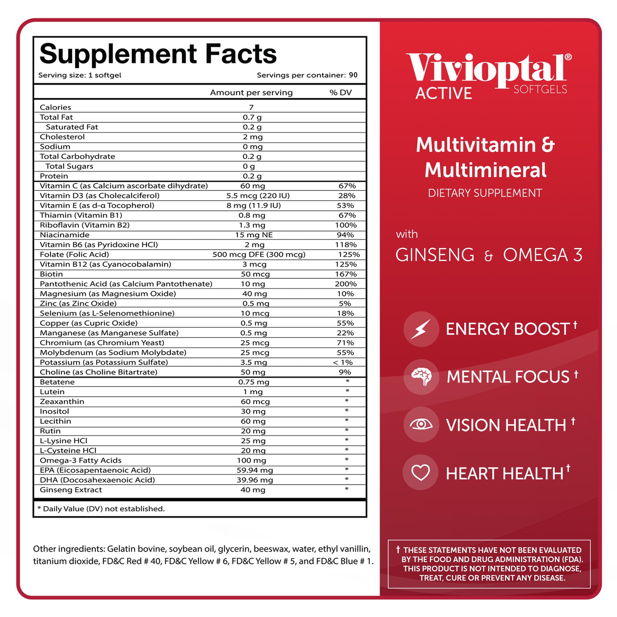 Vivioptal Active etiqueta de ingredientes que muestra la fórmula