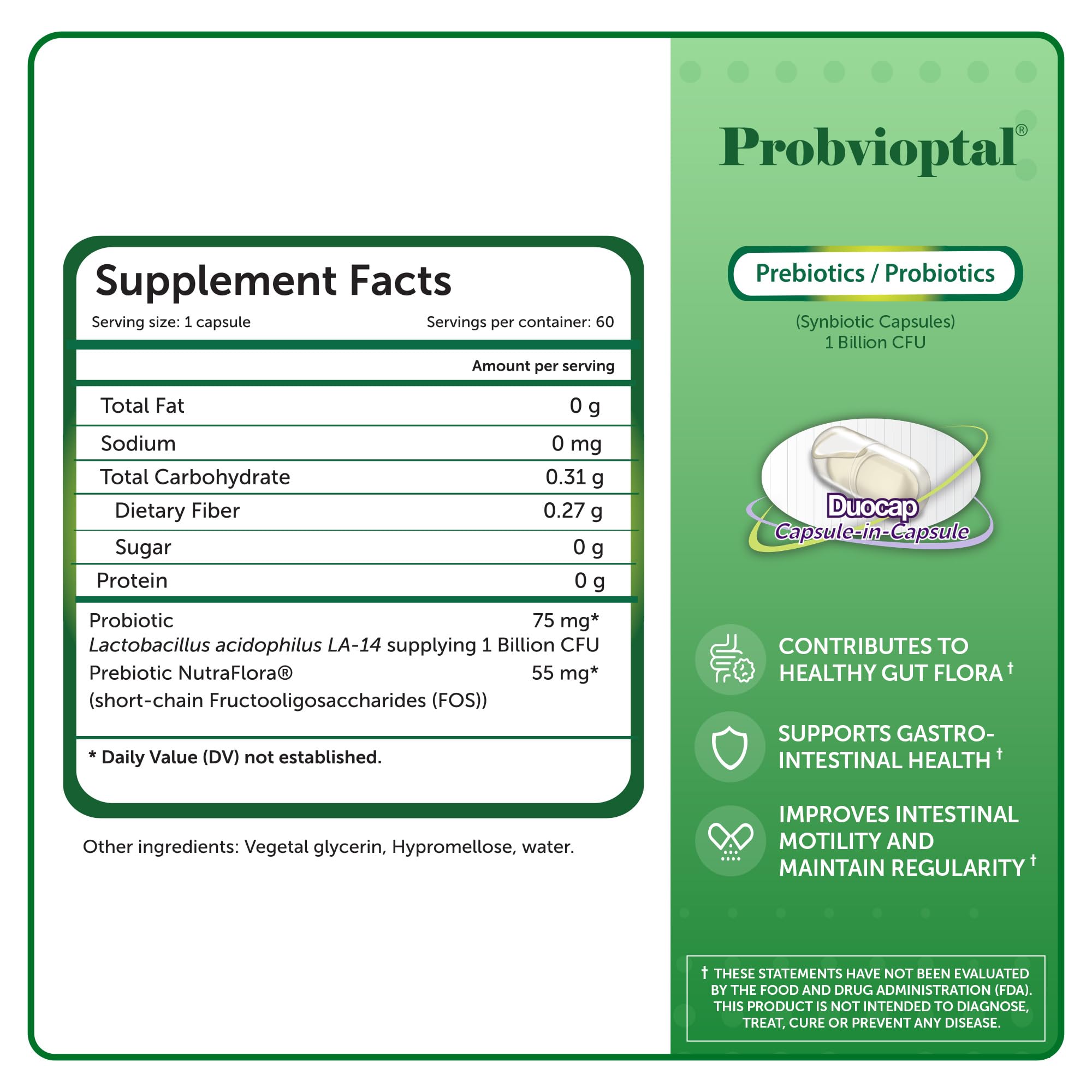 Vivioptal Probvioptal etiqueta con Lactobacillus y prebiótico para información clara