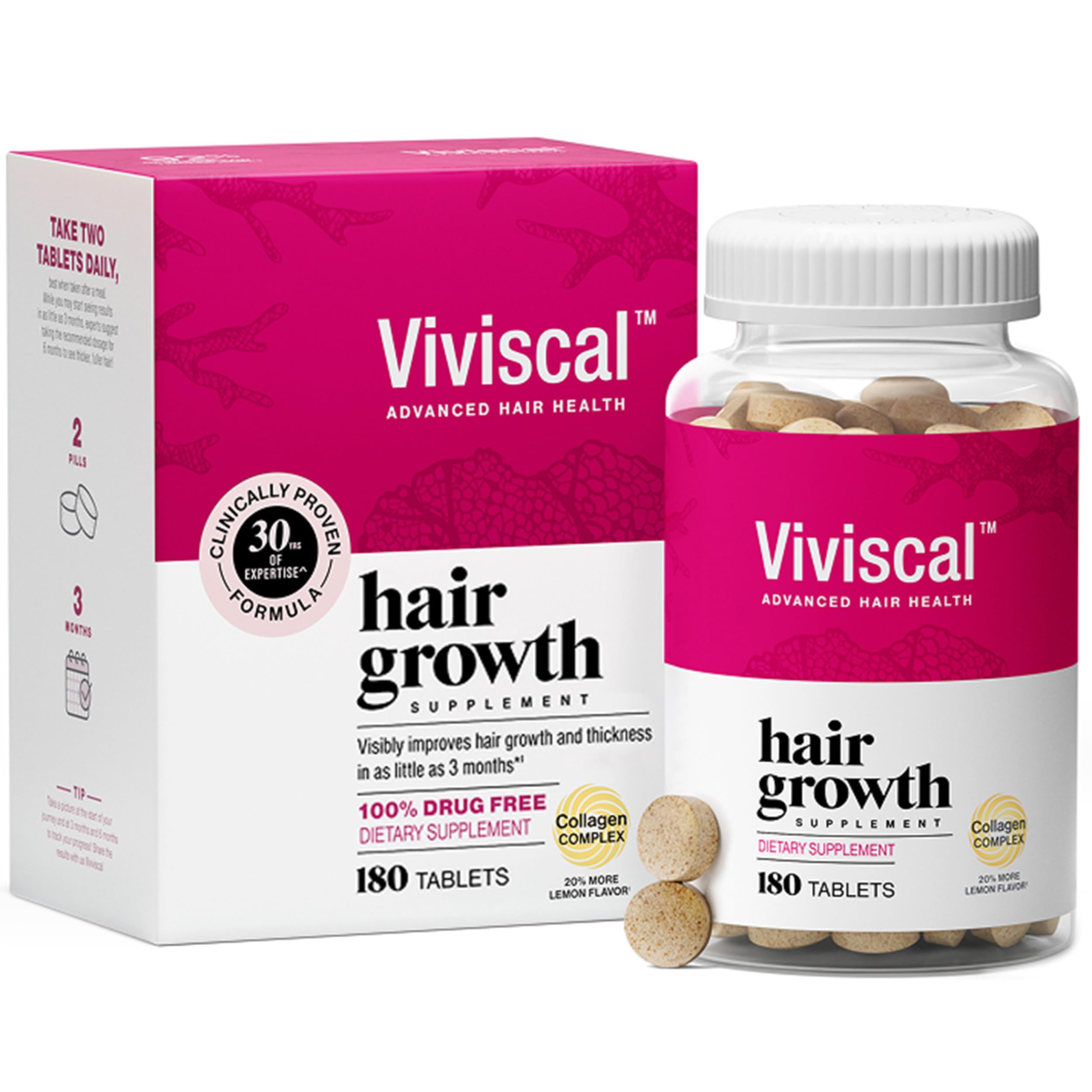 Viviscal frente del envase mostrando 180 tabletas y duración de 90 días