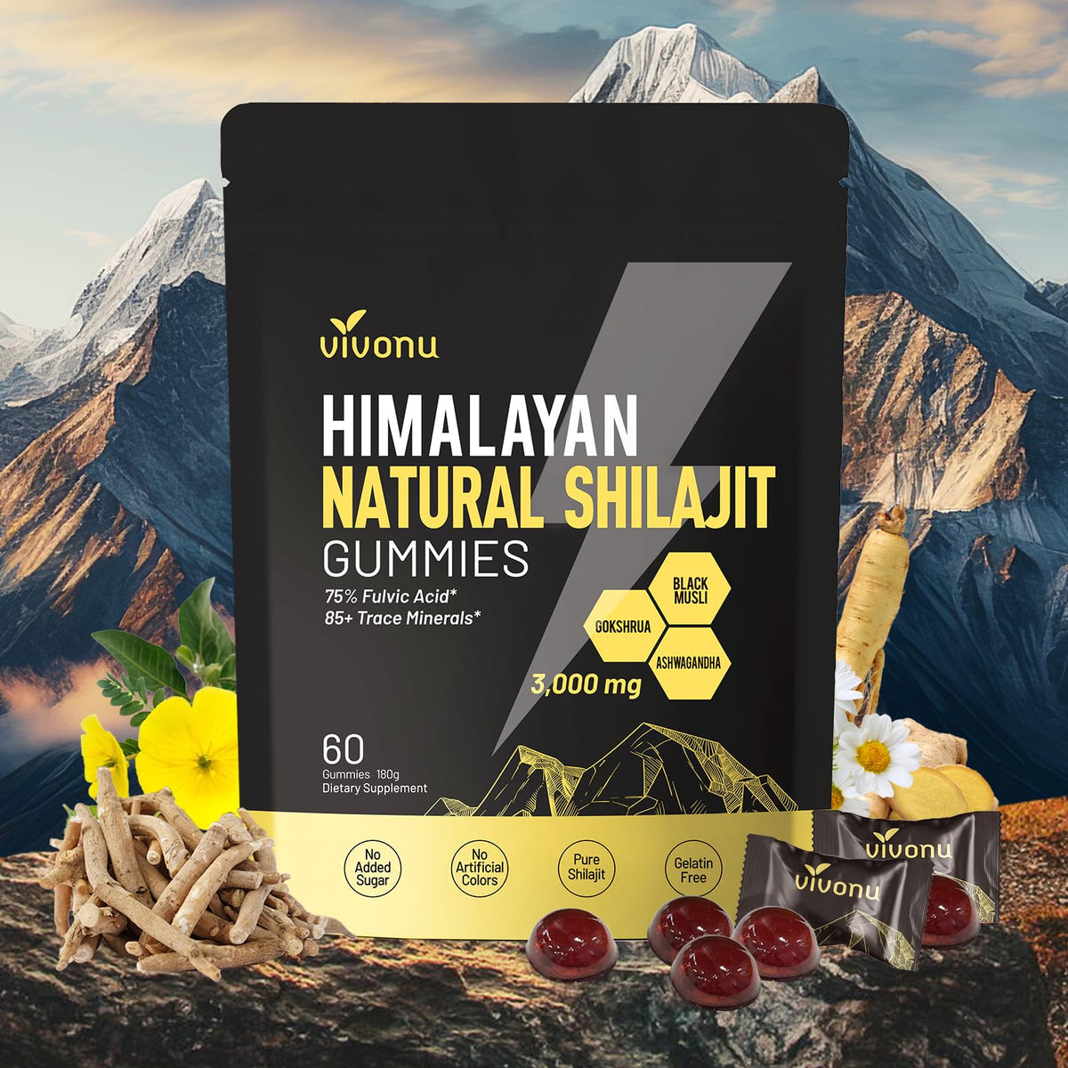 VivoNu empaque frontal de las gominolas Pure Himalayan Shilajit, presentable y práctico