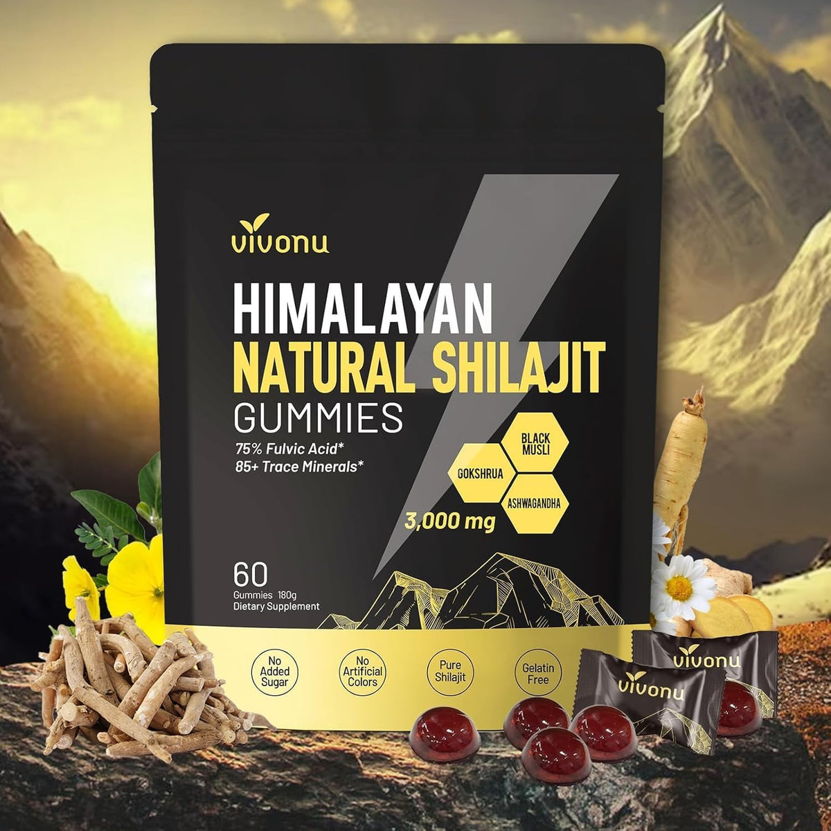 VivoNu paquete de gomitas Shilajit mostrando diseño y beneficios visibles