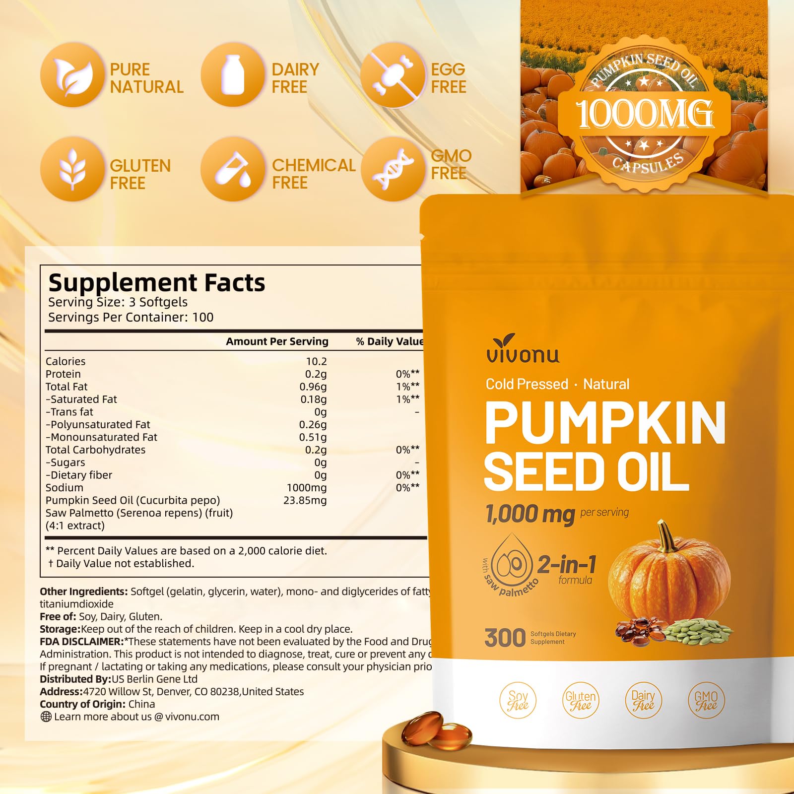 VivoNu semillas de calabaza y saw palmetto que representan ingredientes naturales