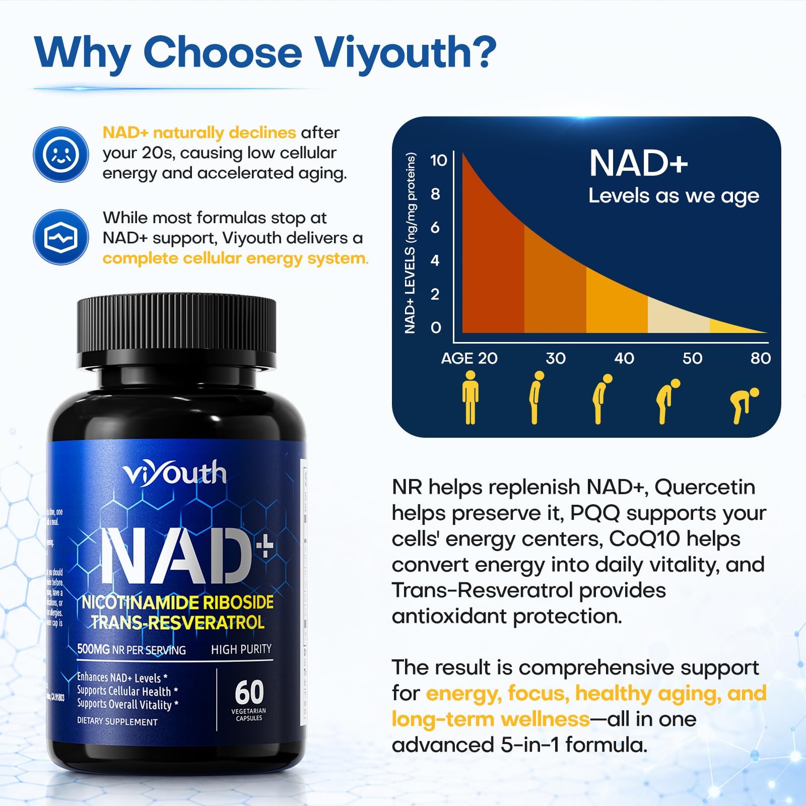 VIYOUTH ingredientes sobre mesa mostrando resveratrol y NR beneficios