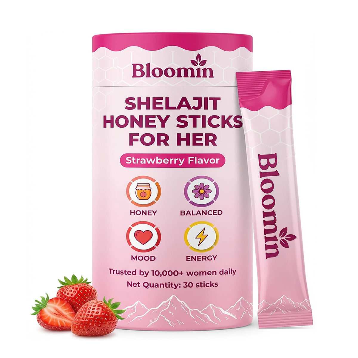Vlsdoin empaque frontal de Bloomin Honey Sticks fresa mostrando caja y sticks para conveniencia