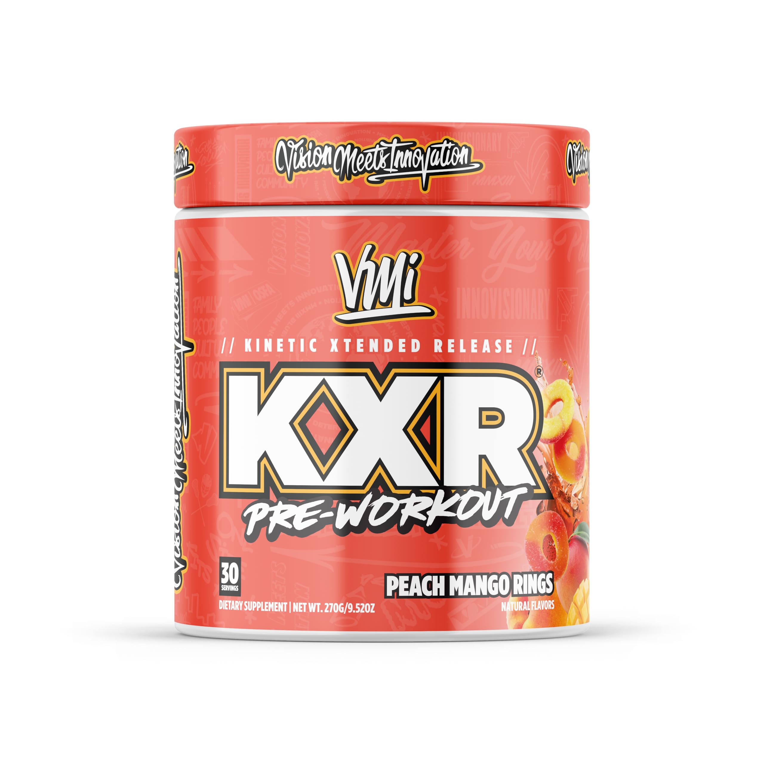 VMI Sports KXR vista frontal del envase mostrando el sabor Peach Mango Rings y energía