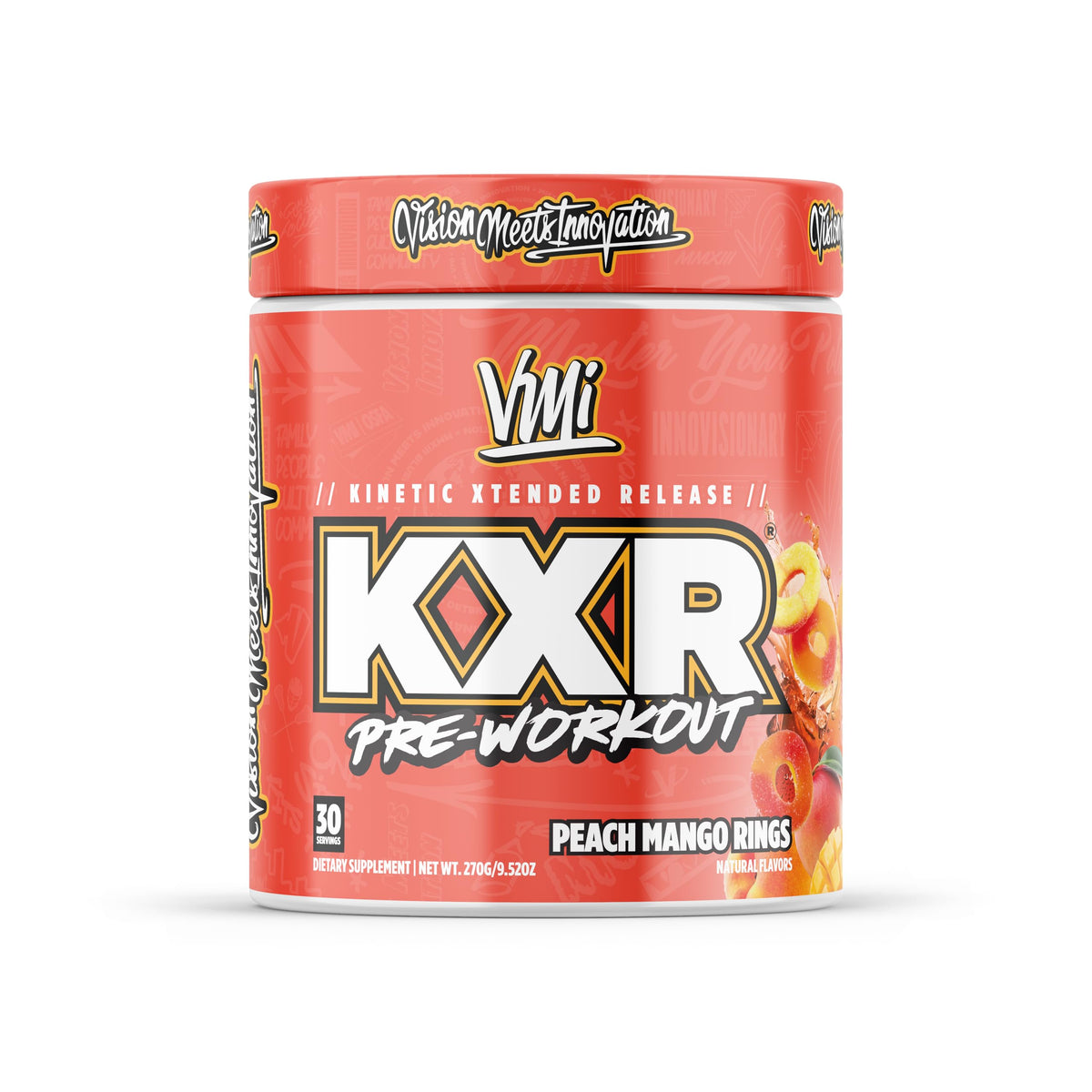 VMI Sports KXR vista frontal del envase mostrando el sabor Peach Mango Rings y energía