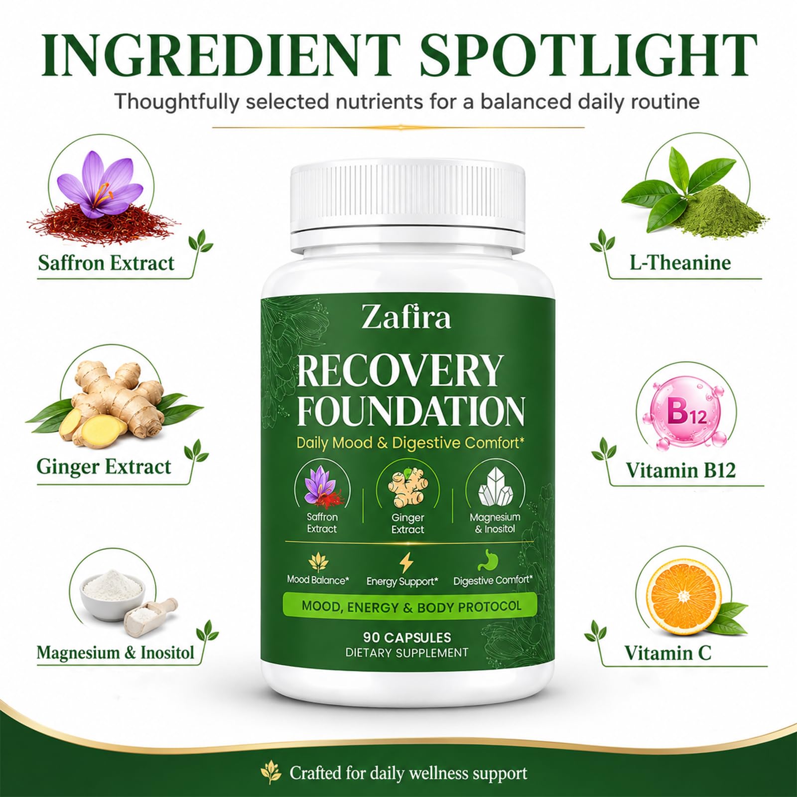 VOKOZK Zafira Organics jengibre y azafrán que ilustran ingredientes naturales