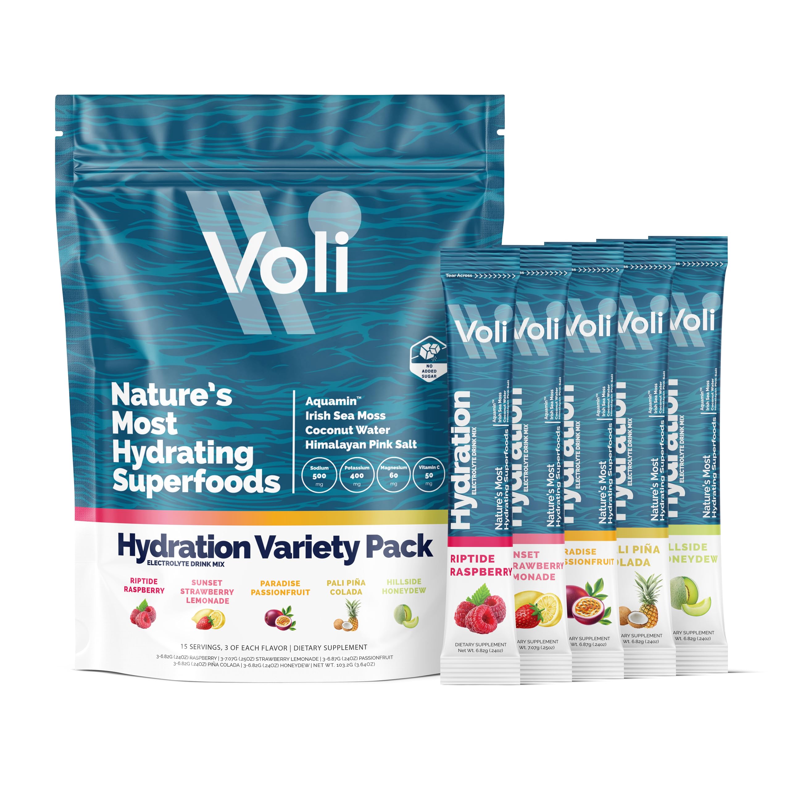 Voli frente del paquete mostrando variedad de sabores y beneficio de electrolitos naturales
