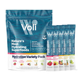 Voli frente del paquete mostrando variedad de sabores y beneficio de electrolitos naturales