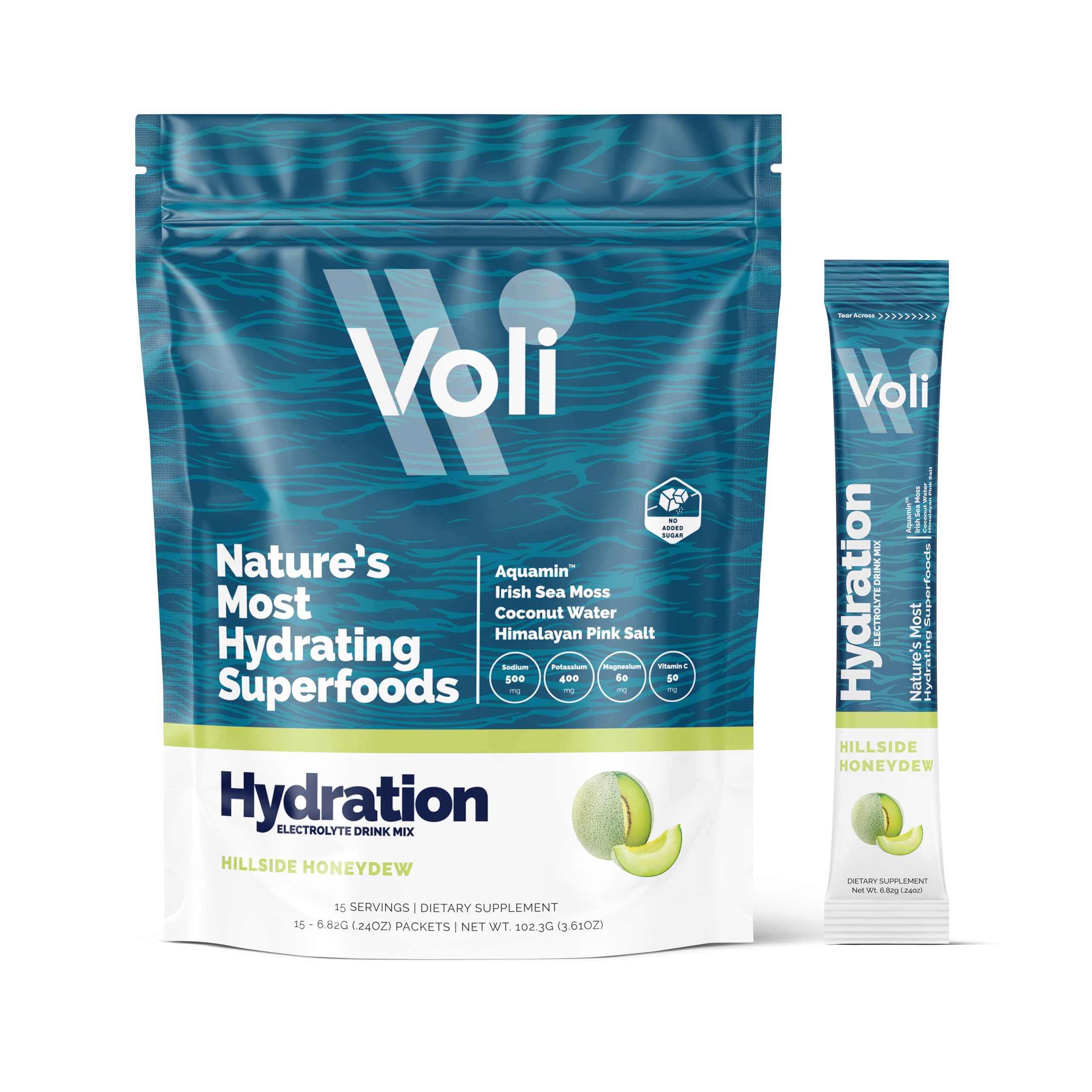 Voli frontal del empaque mostrando sobres y sabor honeydew para hidratación limpia