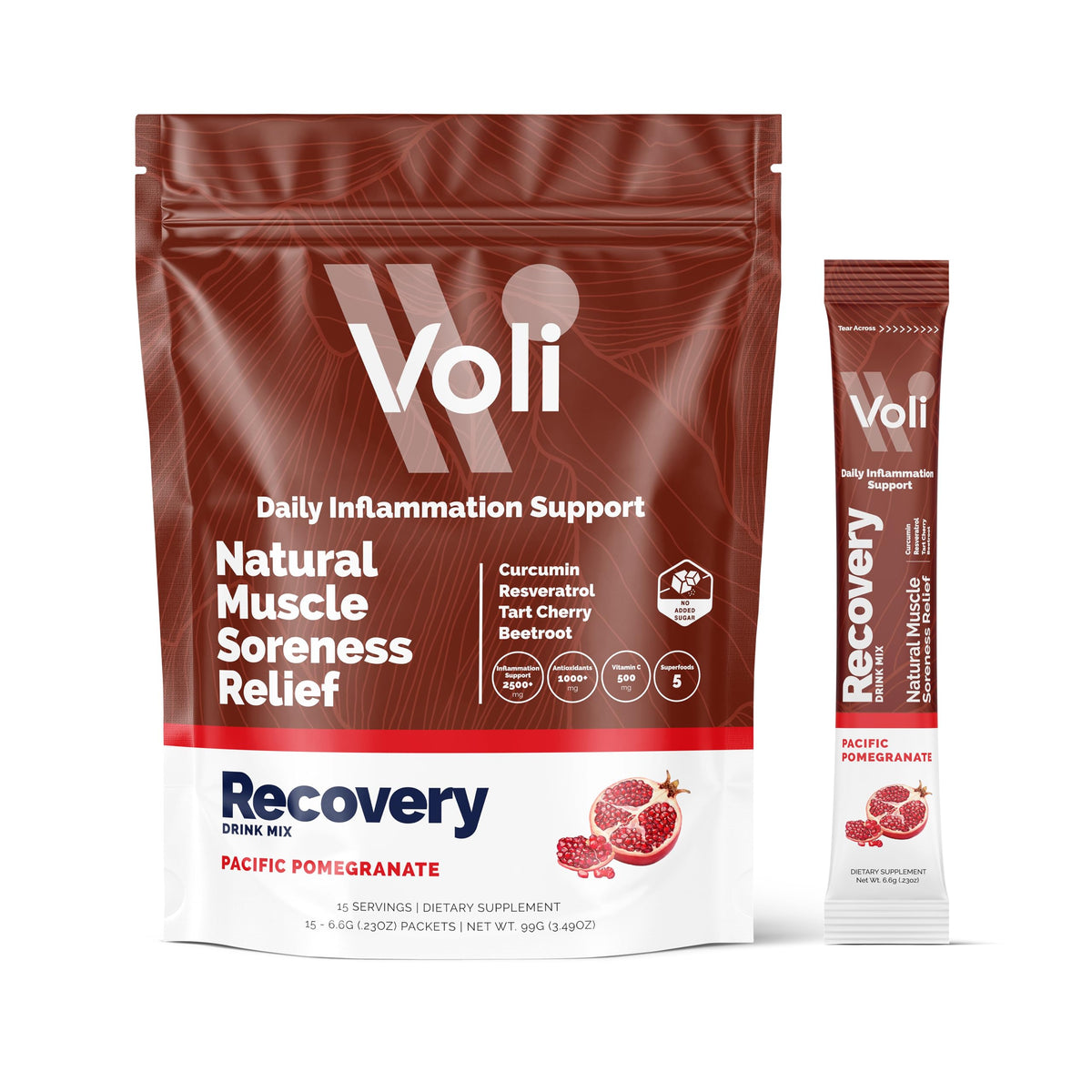 Voli Wellness empaque frontal Pacific Pomegranate mostrando formato de 15 sobres y beneficio recuperativo