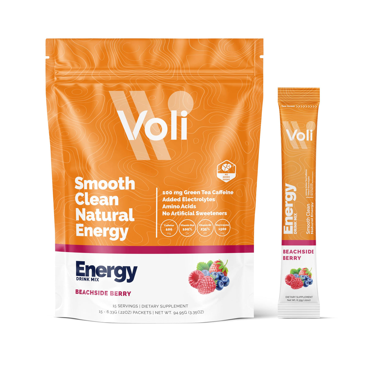 Voli Wellness frente del paquete Beachside Berry mostrando 15 sobres y conveniencia