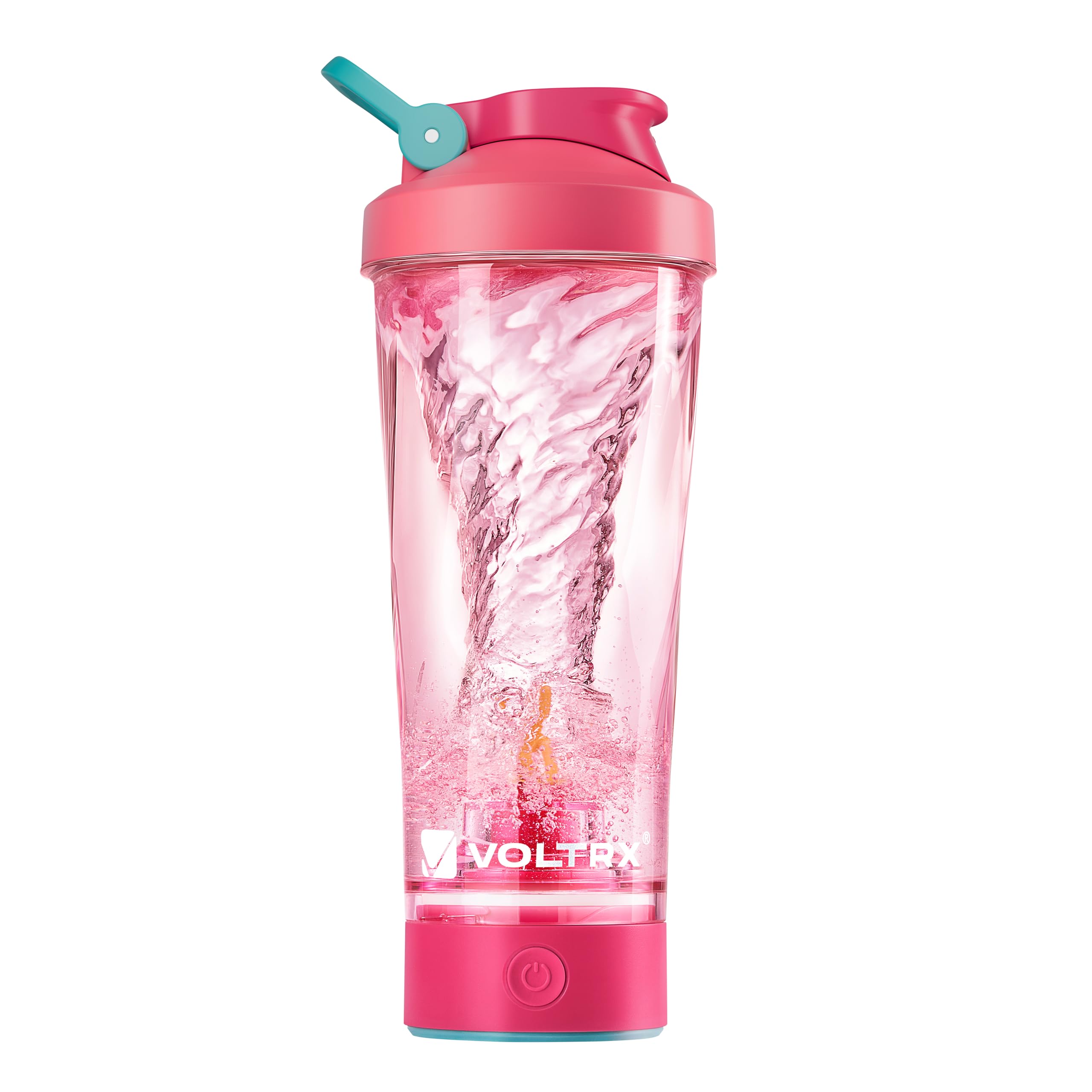 VOLTRX VortexBoost frente rosa mostrando cuerpo Tritan y tapa hermética beneficios visuales