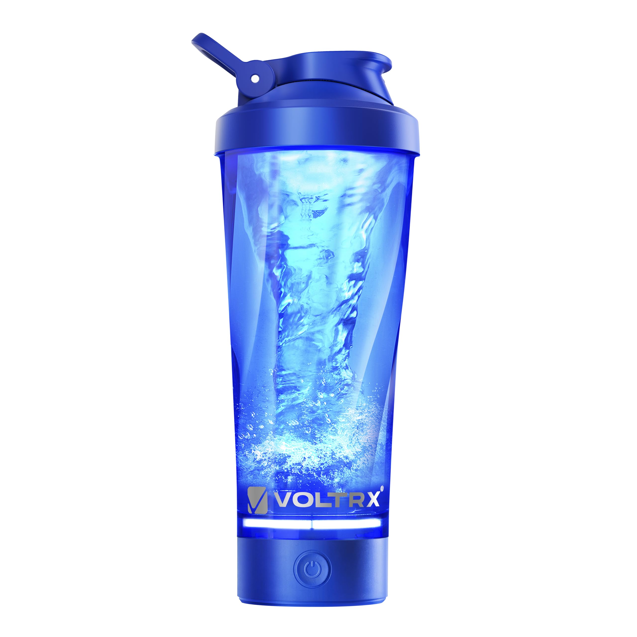 VOLTRX coctelera frontal mostrando diseño curvo y capacidad, ideal para entrenar