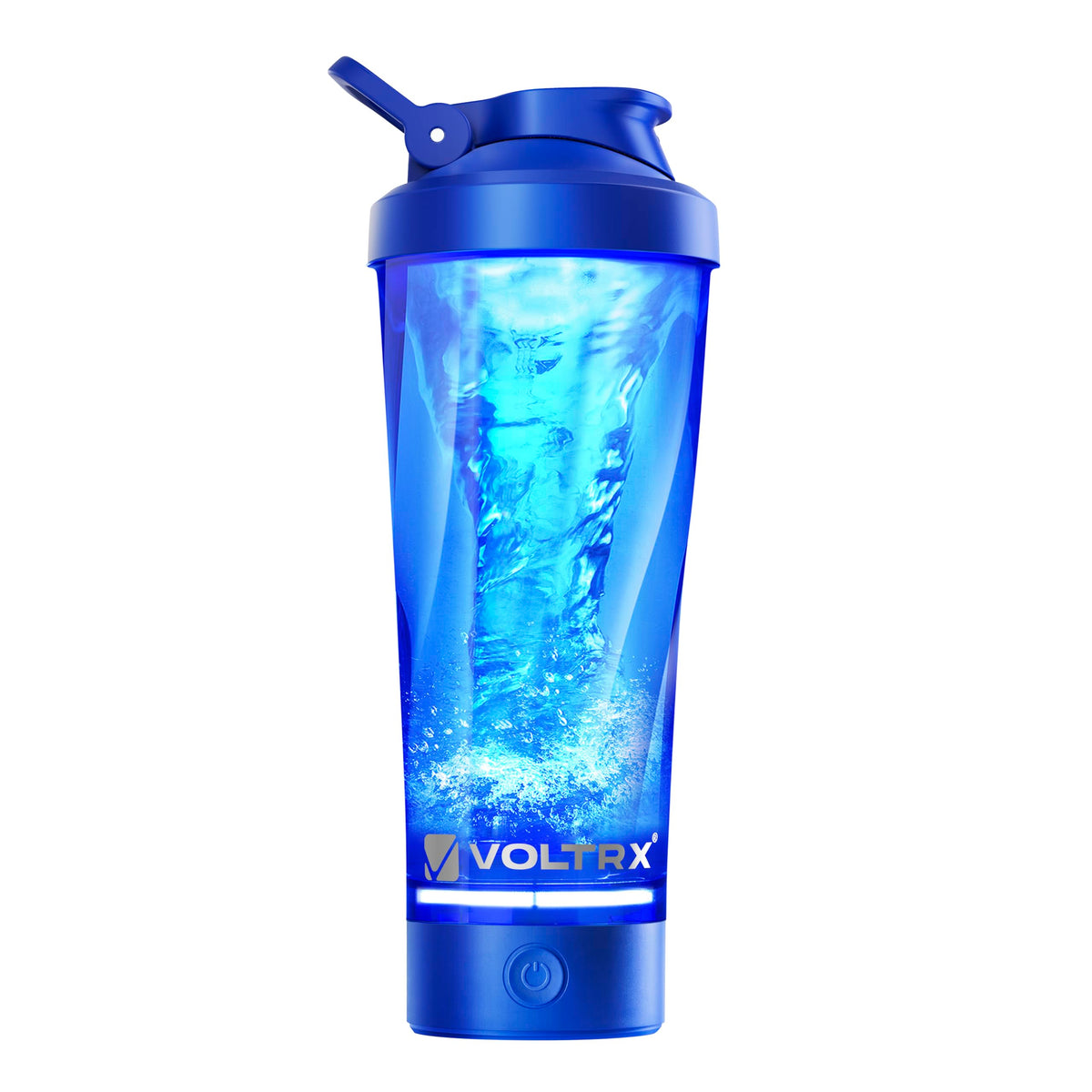 VOLTRX coctelera frontal mostrando diseño curvo y capacidad, ideal para entrenar