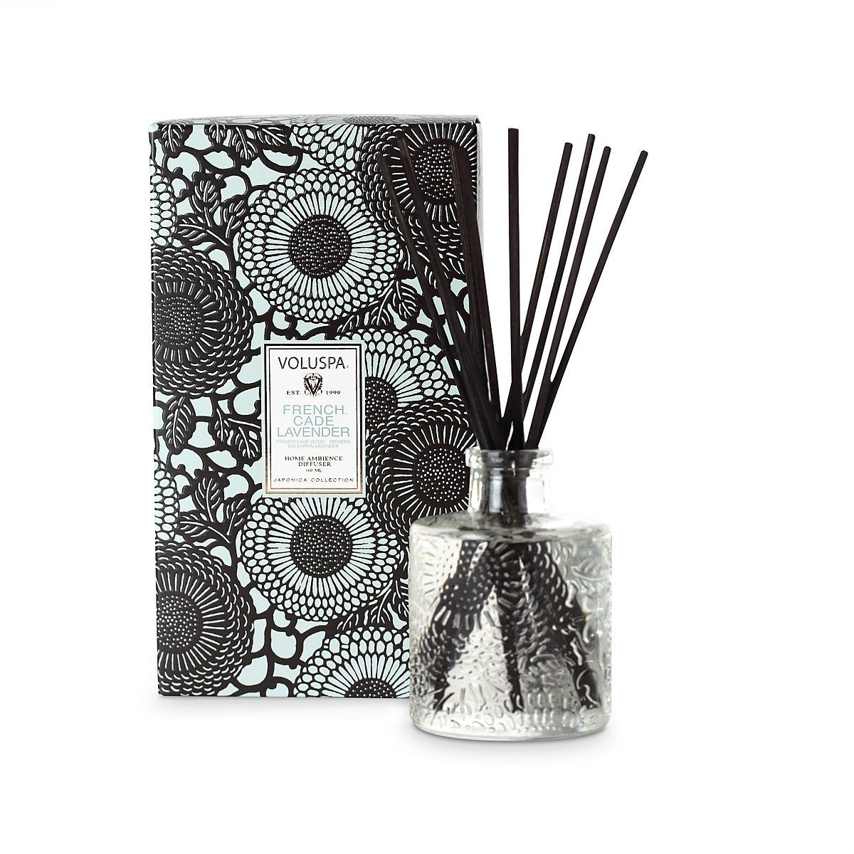Voluspa difusor frasco con relieve mostrando diseño y aroma elegante