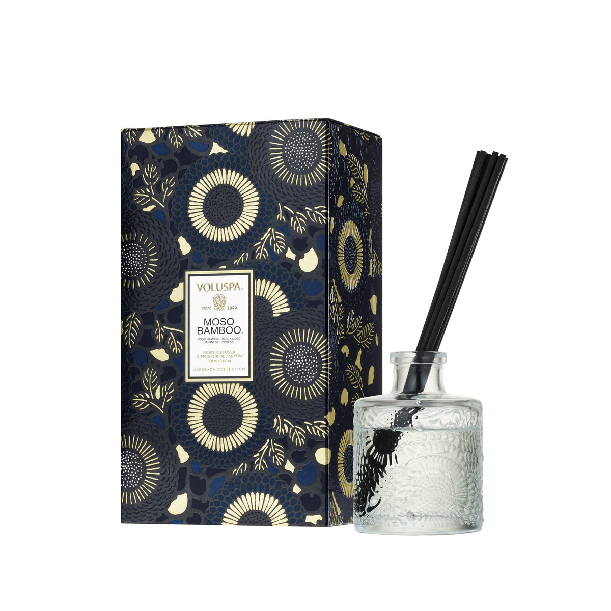 Voluspa frasco frontal Moso Bamboo mostrando diseño elegante y beneficio decorativo