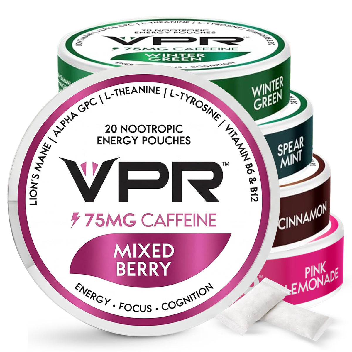 VPR Energy empaque frontal mostrando pack de 20 pouches para energía portátil