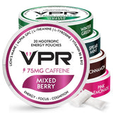 VPR Energy empaque frontal mostrando pack de 20 pouches para energía portátil