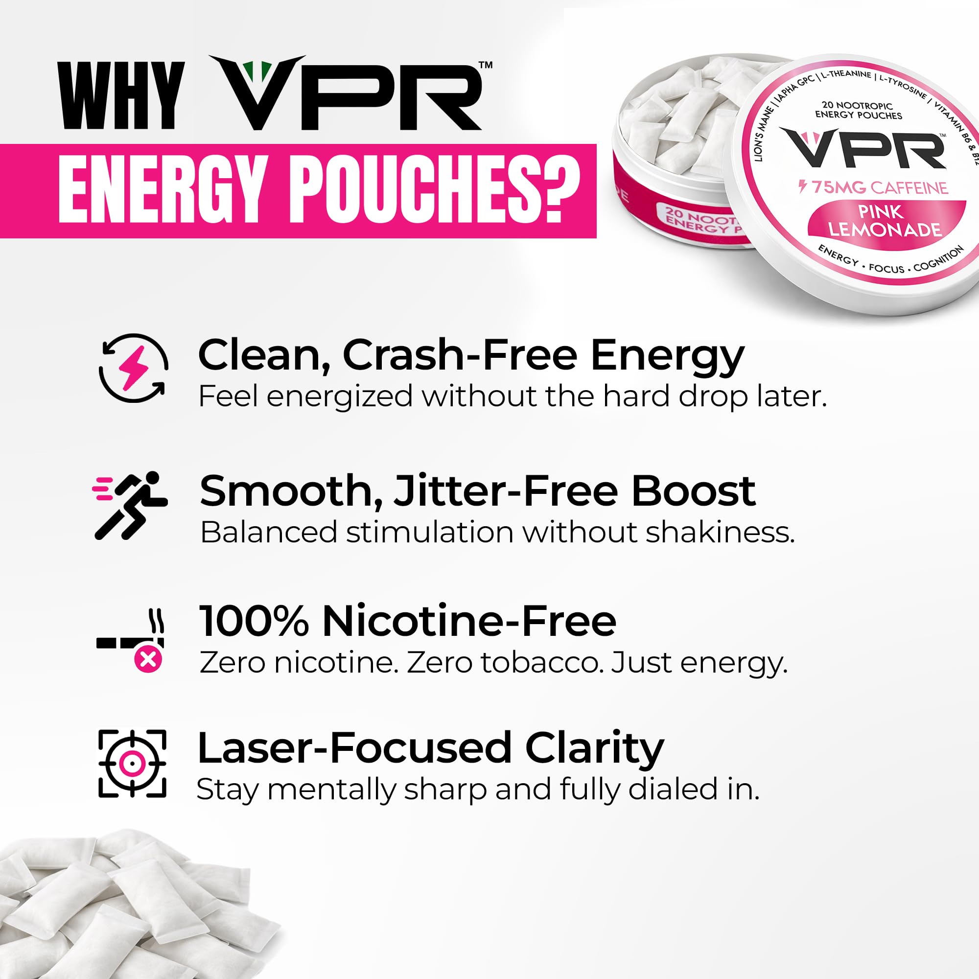 VPR Energy pouch en mano demostrando tamaño compacto y comodidad de transporte