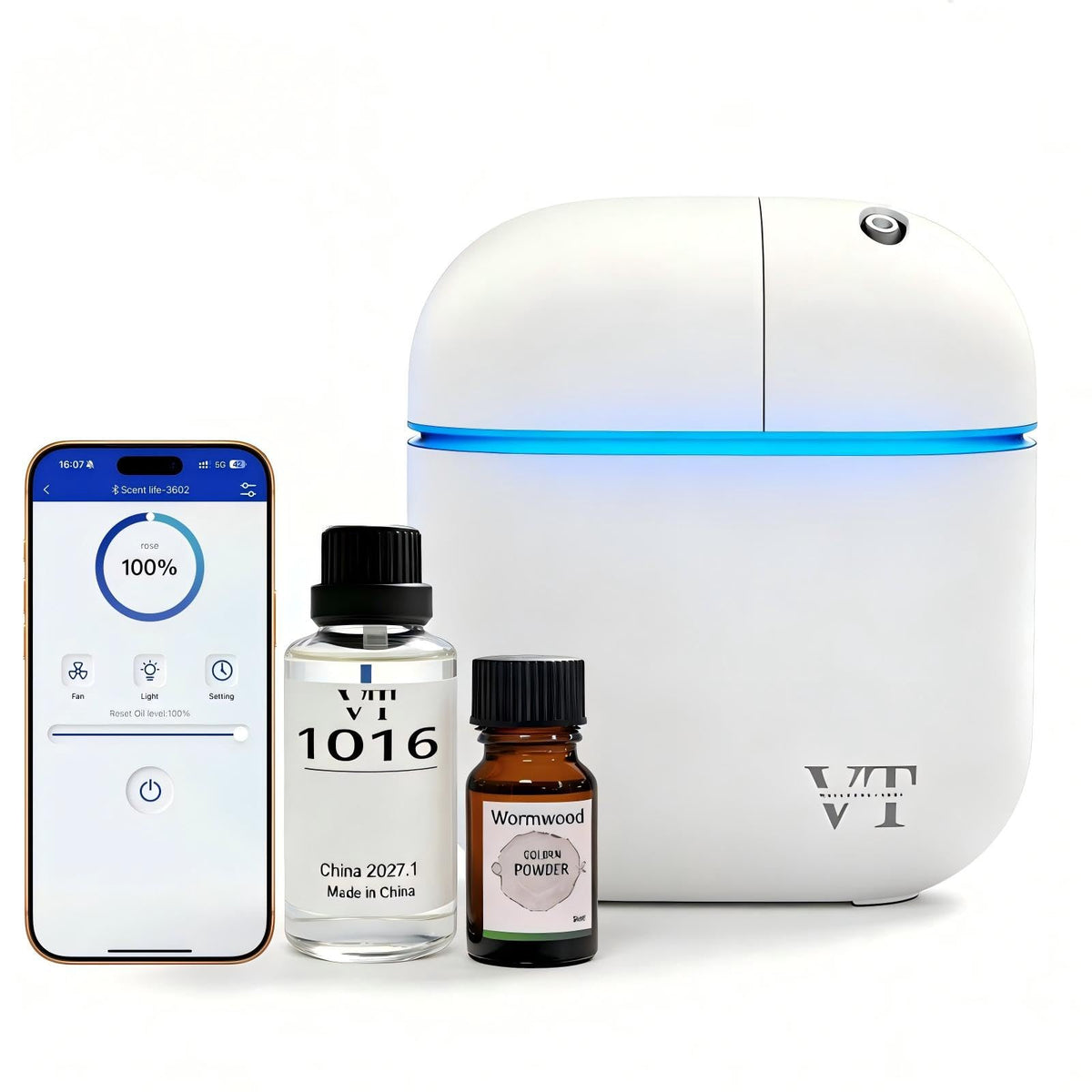 VT VERYSCENT TECH vista frontal del difusor, diseño elegante y perfuma grandes espacios
