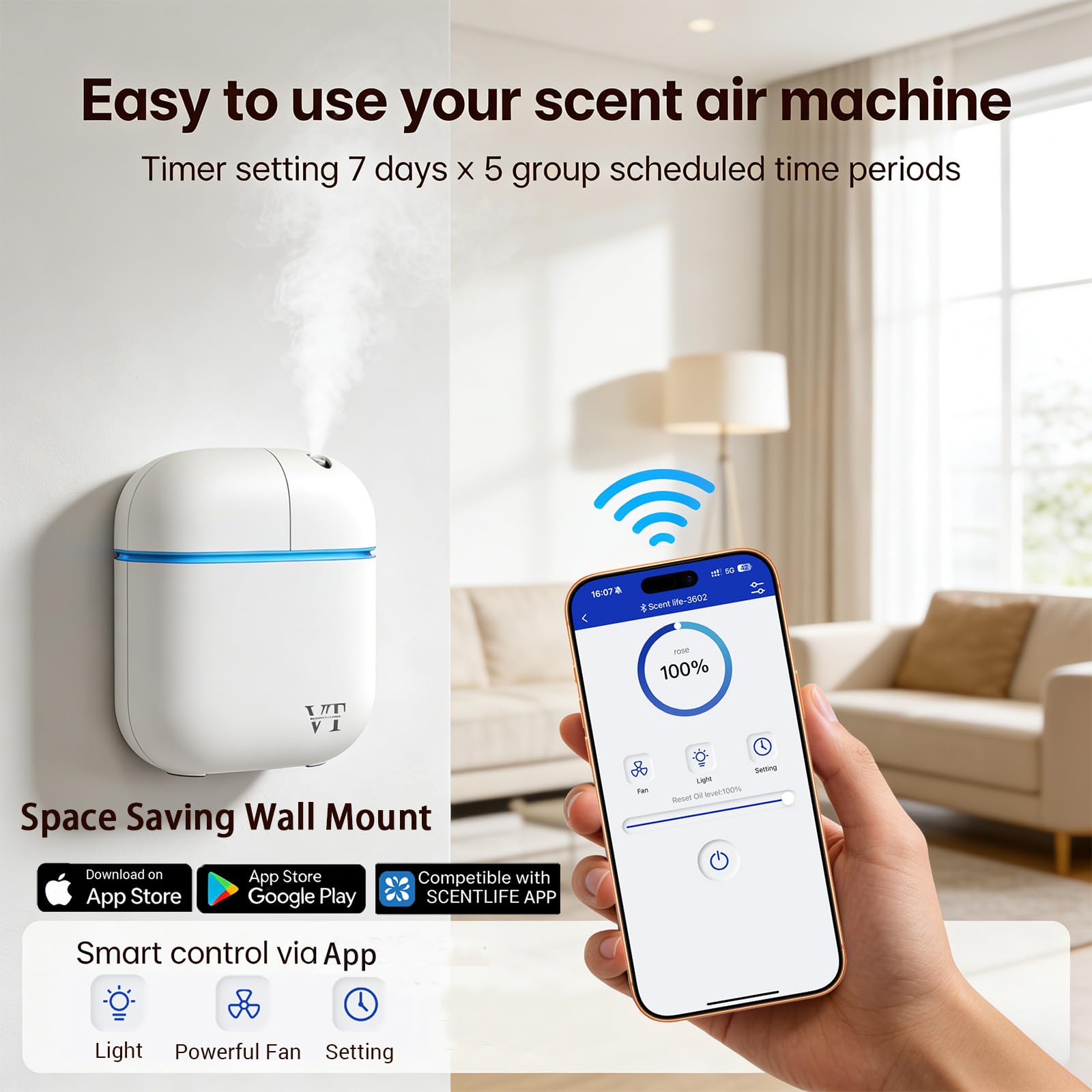 VT VERYSCENT TECH control por app en smartphone mostrando ajuste de intensidad