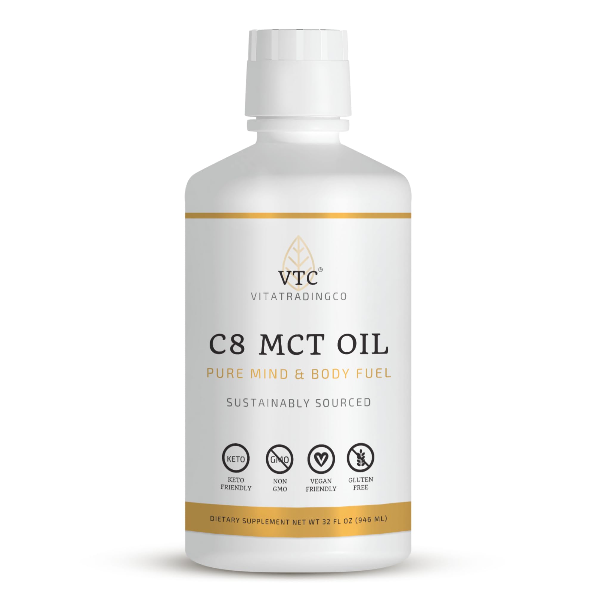 VTC botella frontal de Pure C8 MCT Oil mostrando envase limpio y puro