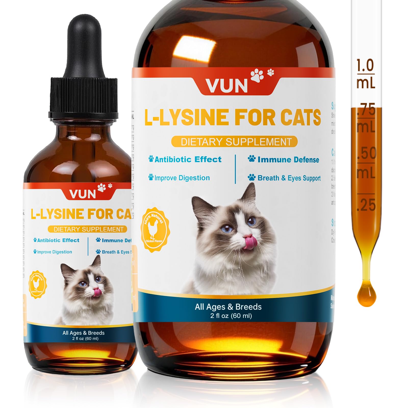 VUN frasco frontal L-lisina para gatos mostrando diseño y beneficio inmunitario