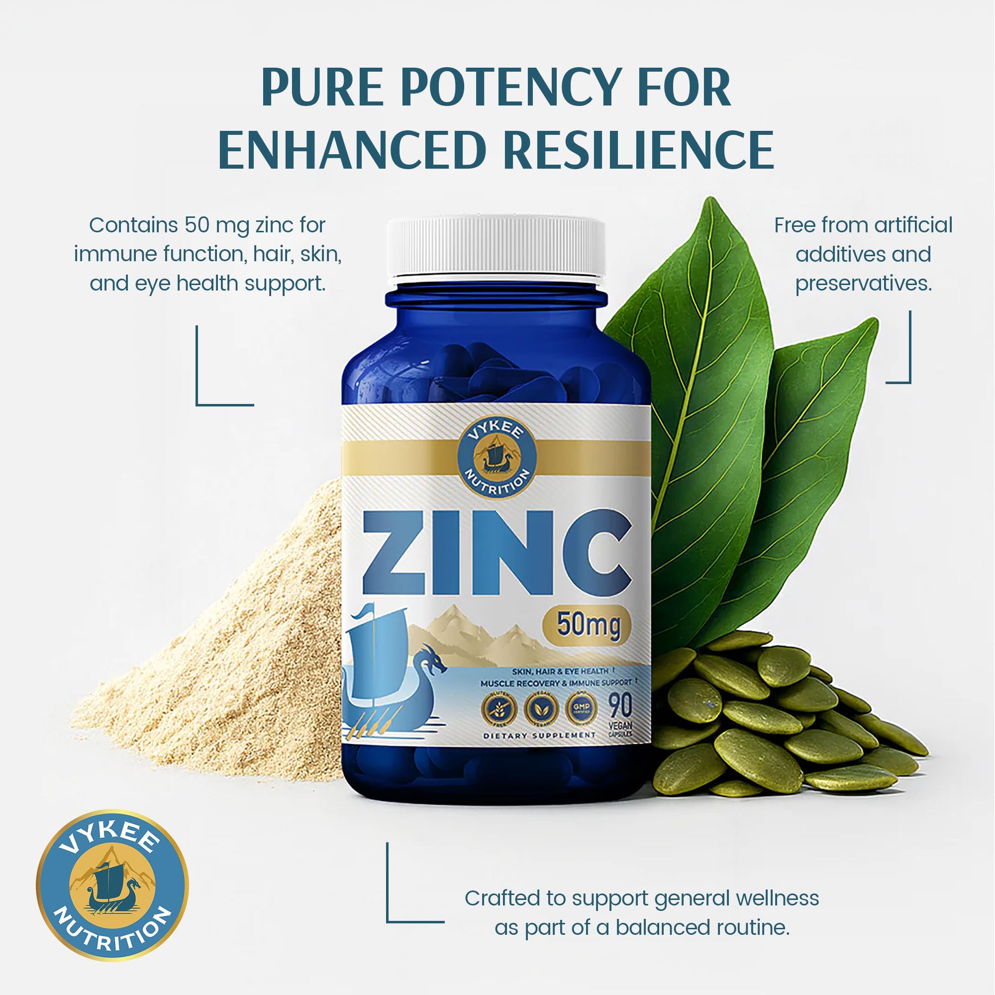 Alimentos ricos en zinc junto a cápsula Vykee Nutrition, apoyo nutricional