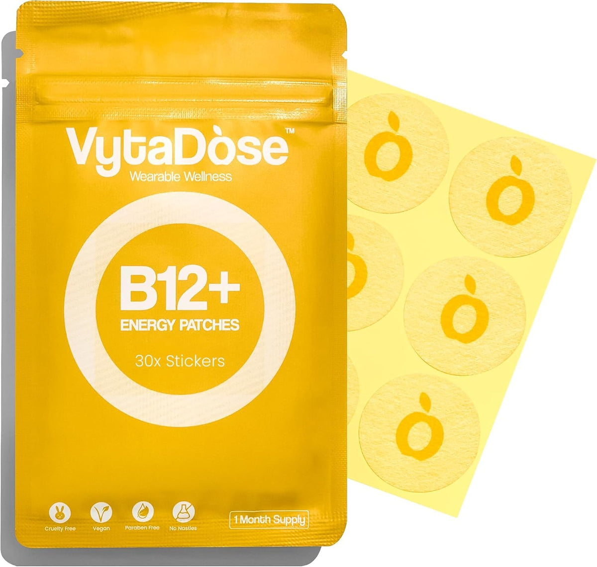 Vytadose empaque frontal mostrando parches y beneficios para energía prolongada