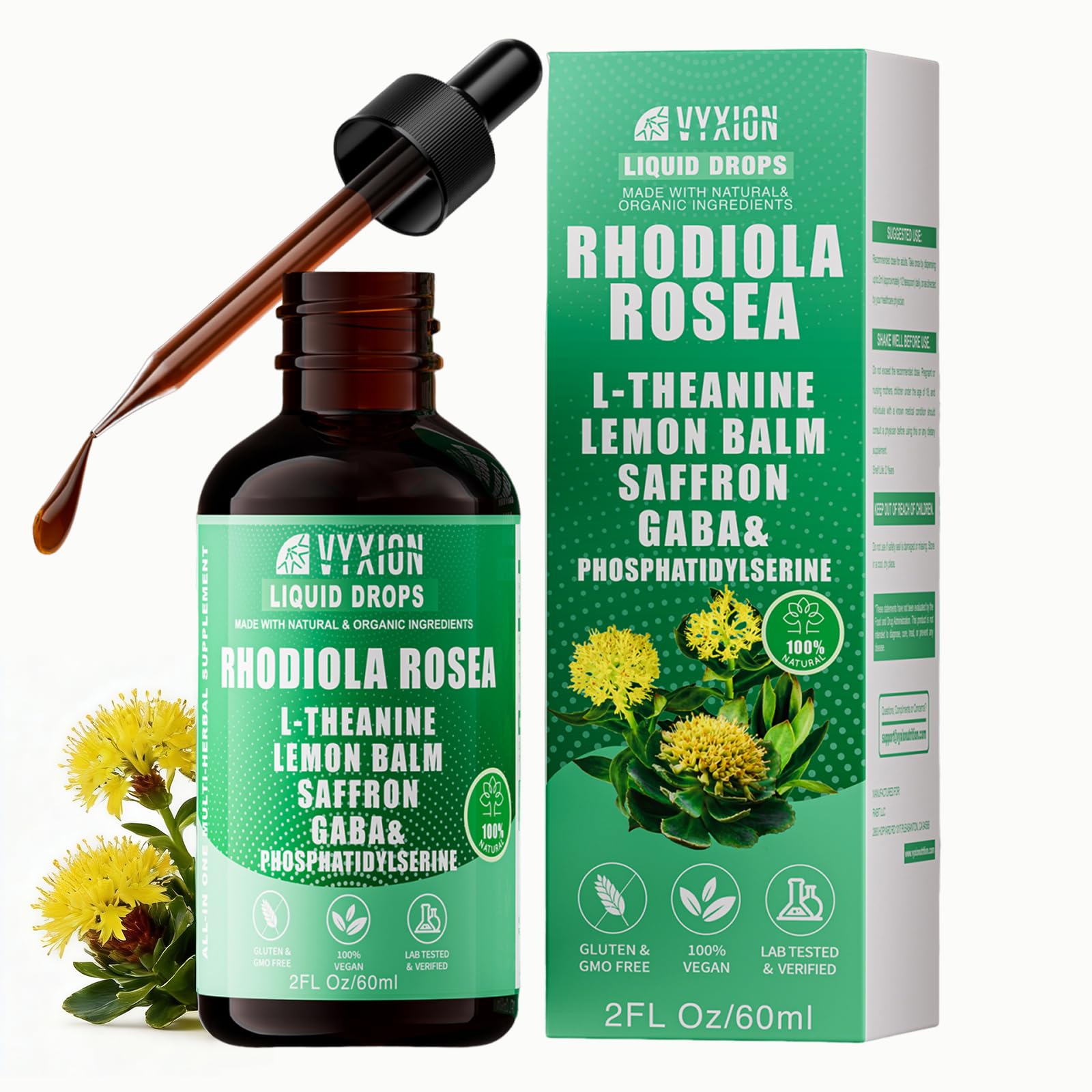 Vyxion botella en cocina junto a plantas, transmite calma y bienestar