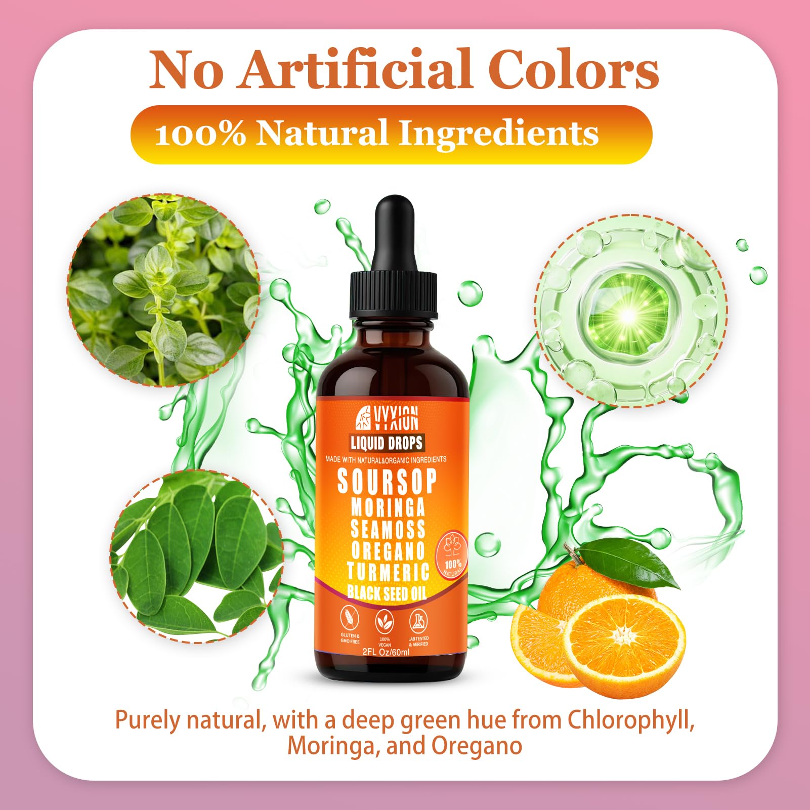 Vyxion disposición de soursop, moringa y cúrcuma indicando origen vegetal