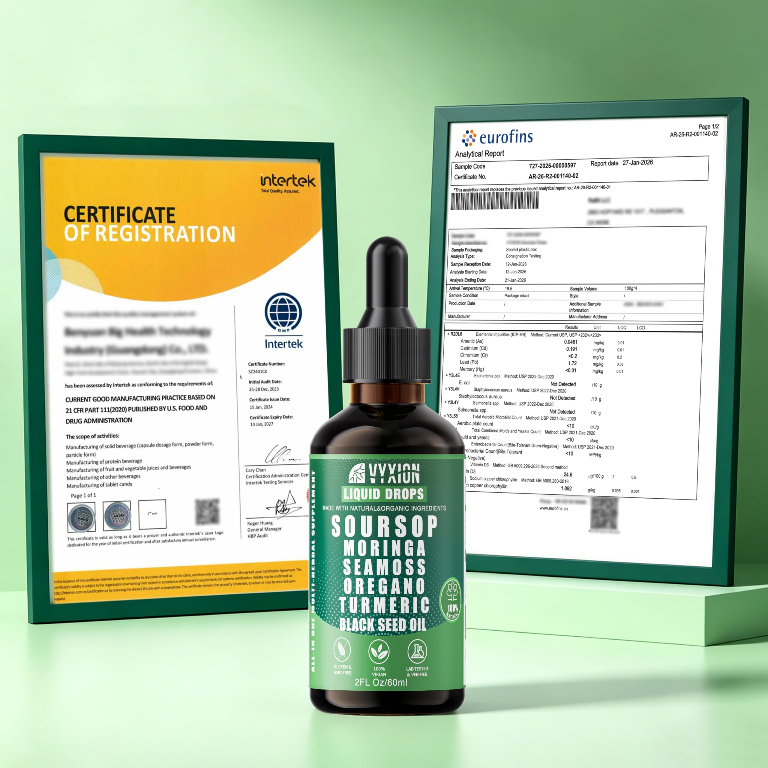 Vyxion packaging con sello Made in USA y certificaciones visibles