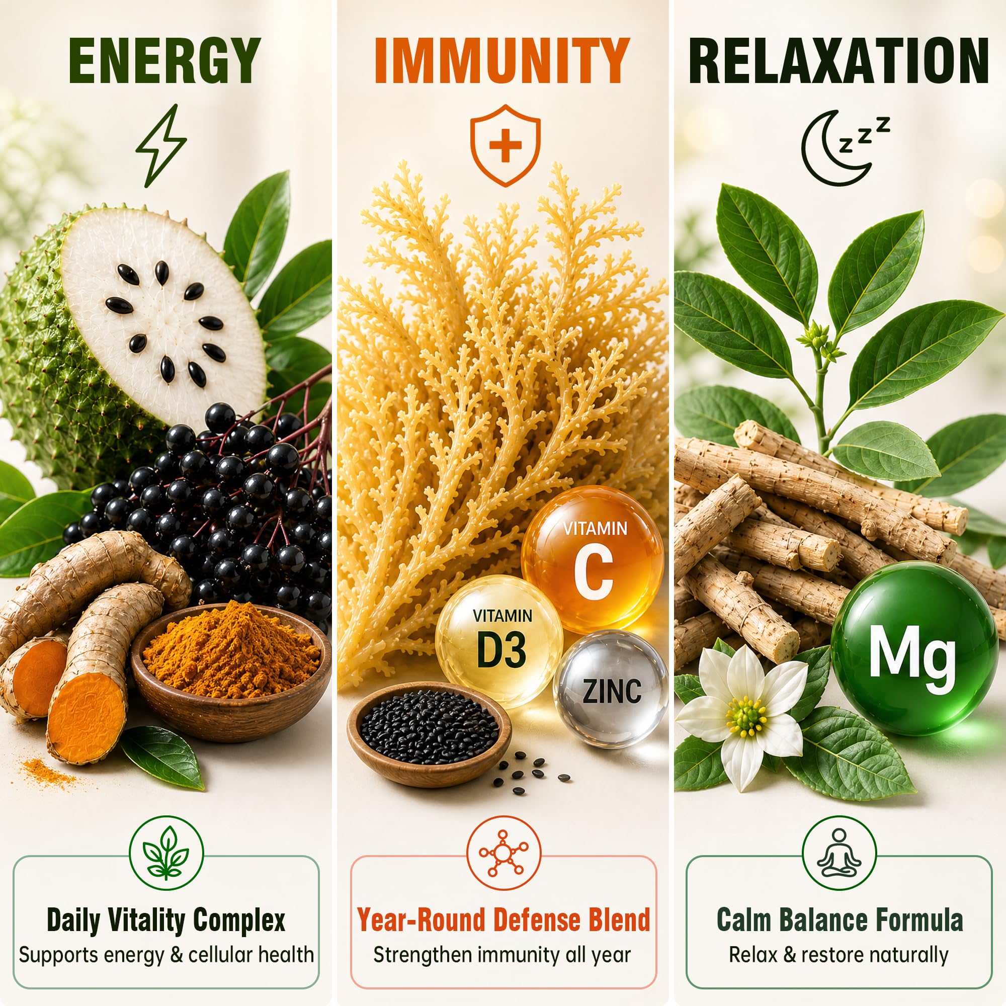 Vznrena ingredientes clave graviola y moringa mostrando origen botánico